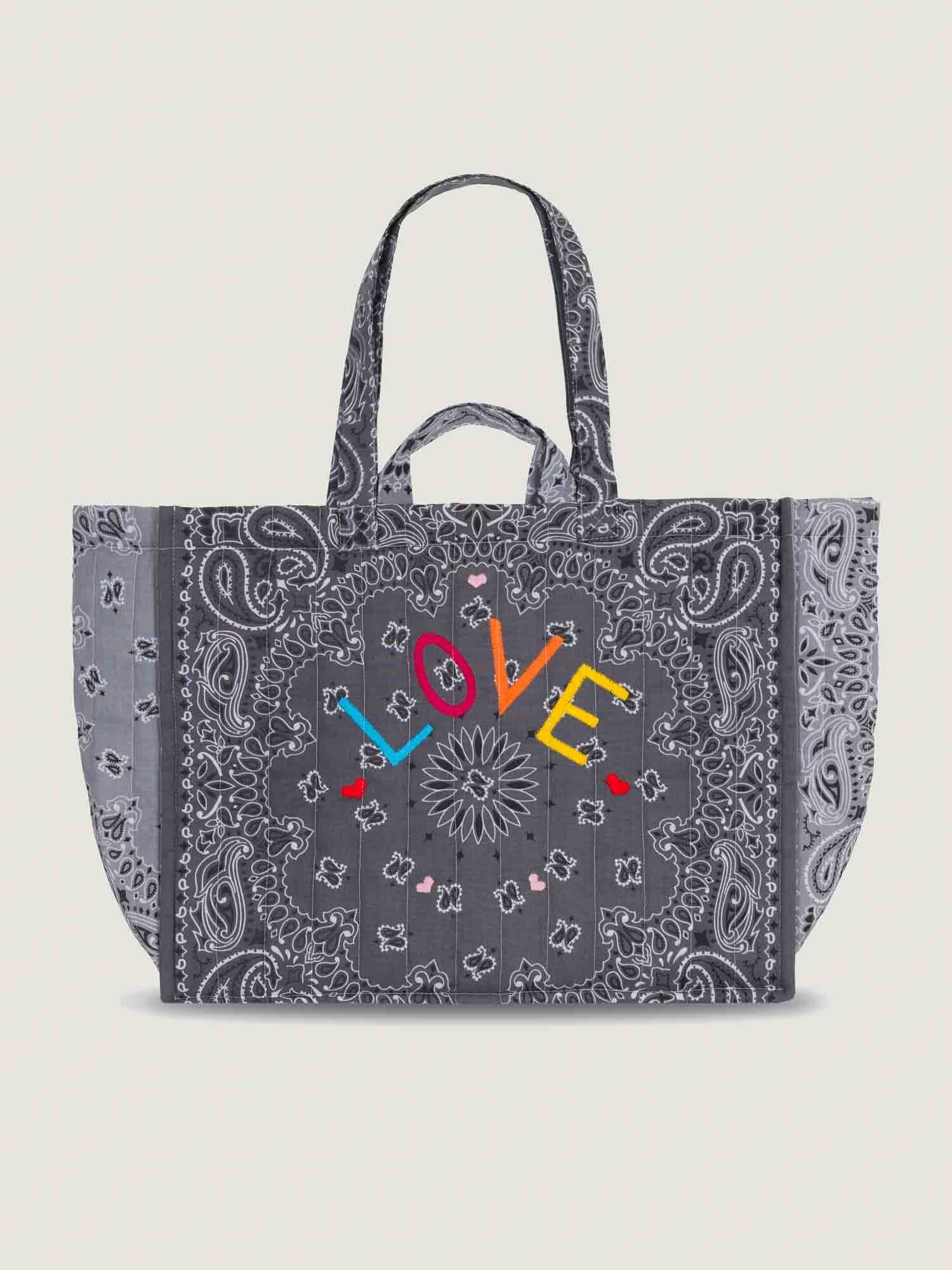 Quilted Maxi Cabas Tote - LOVE - Dark Grey / Pale Grey