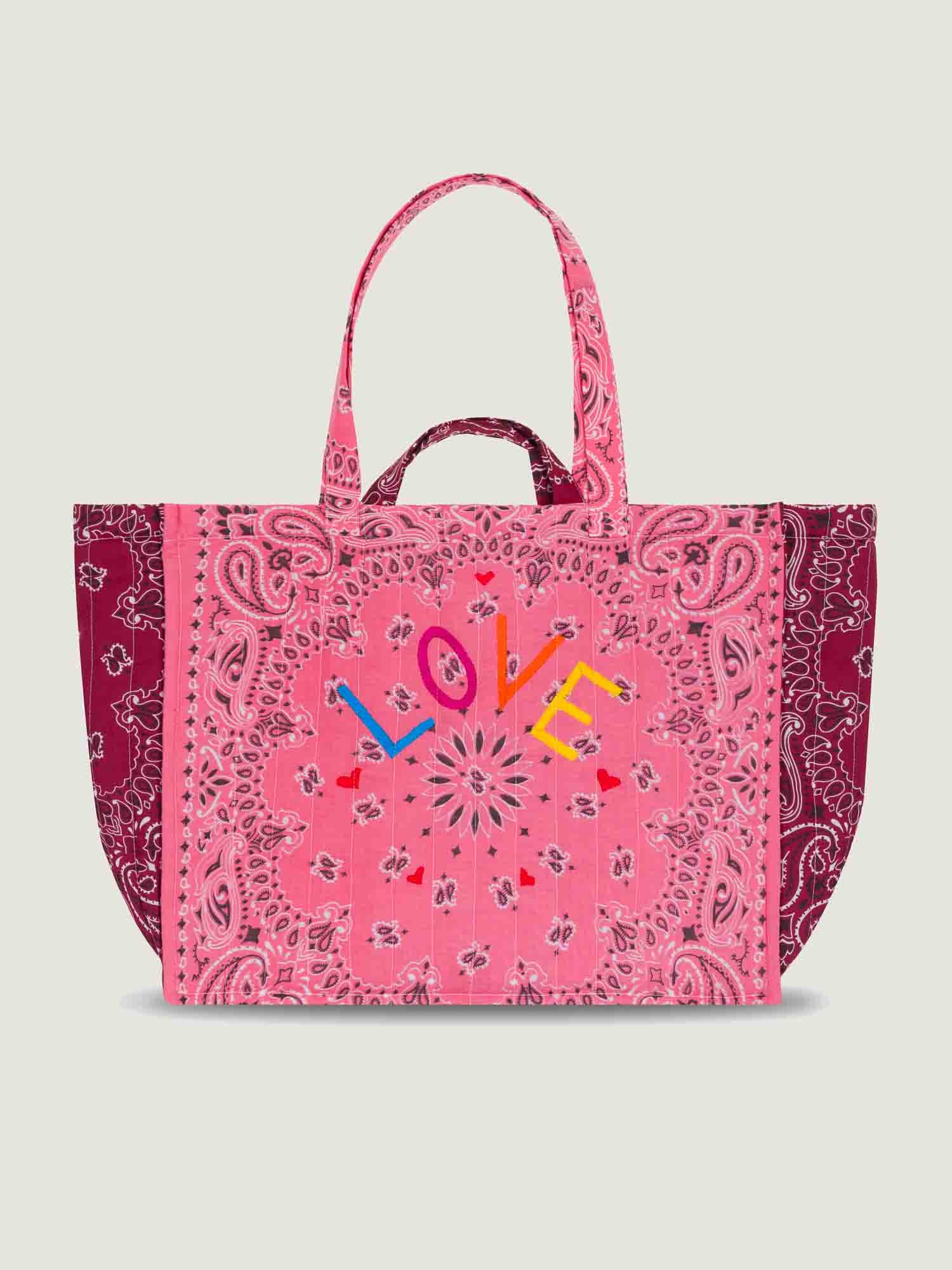 Quilted Maxi Cabas Tote - LOVE - Strawberry / Bordeaux