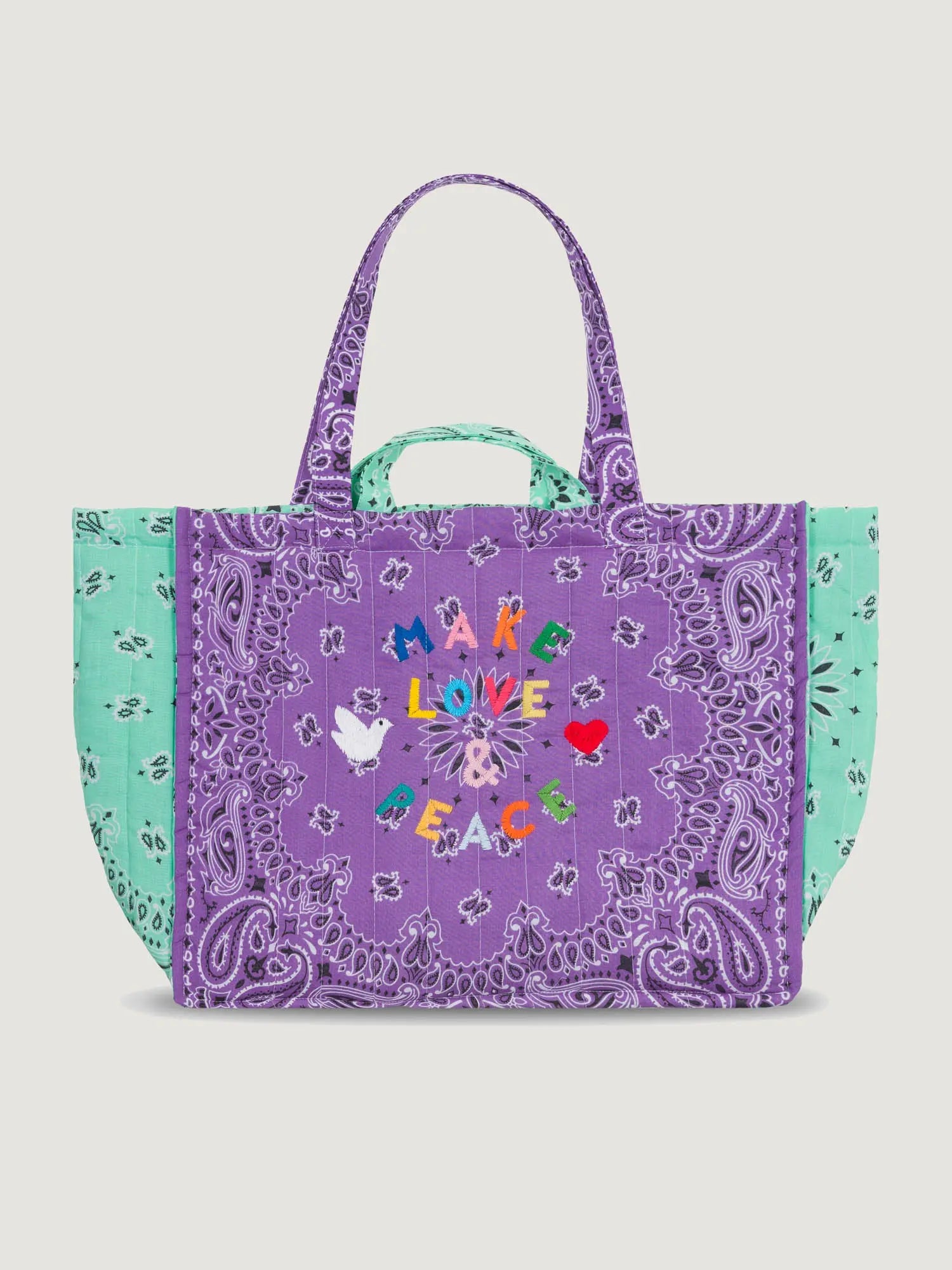 Maxi Cabas Matelassé  -  MAKE LOVE AND PEACE - Lilas / Mint