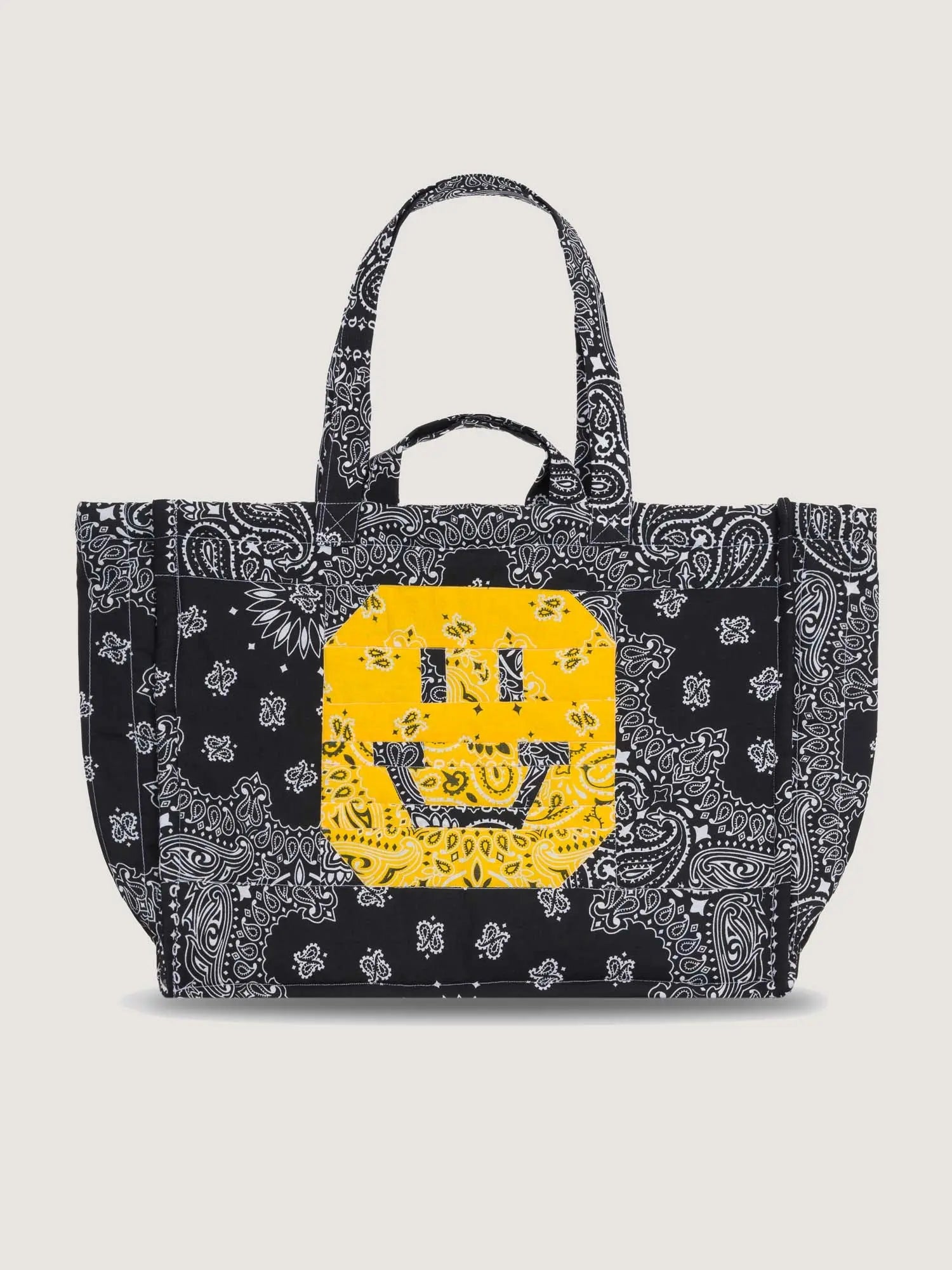 Maxi Cabas Matelassé PATCHWORK HAPPY FACE Gold Yellow Black