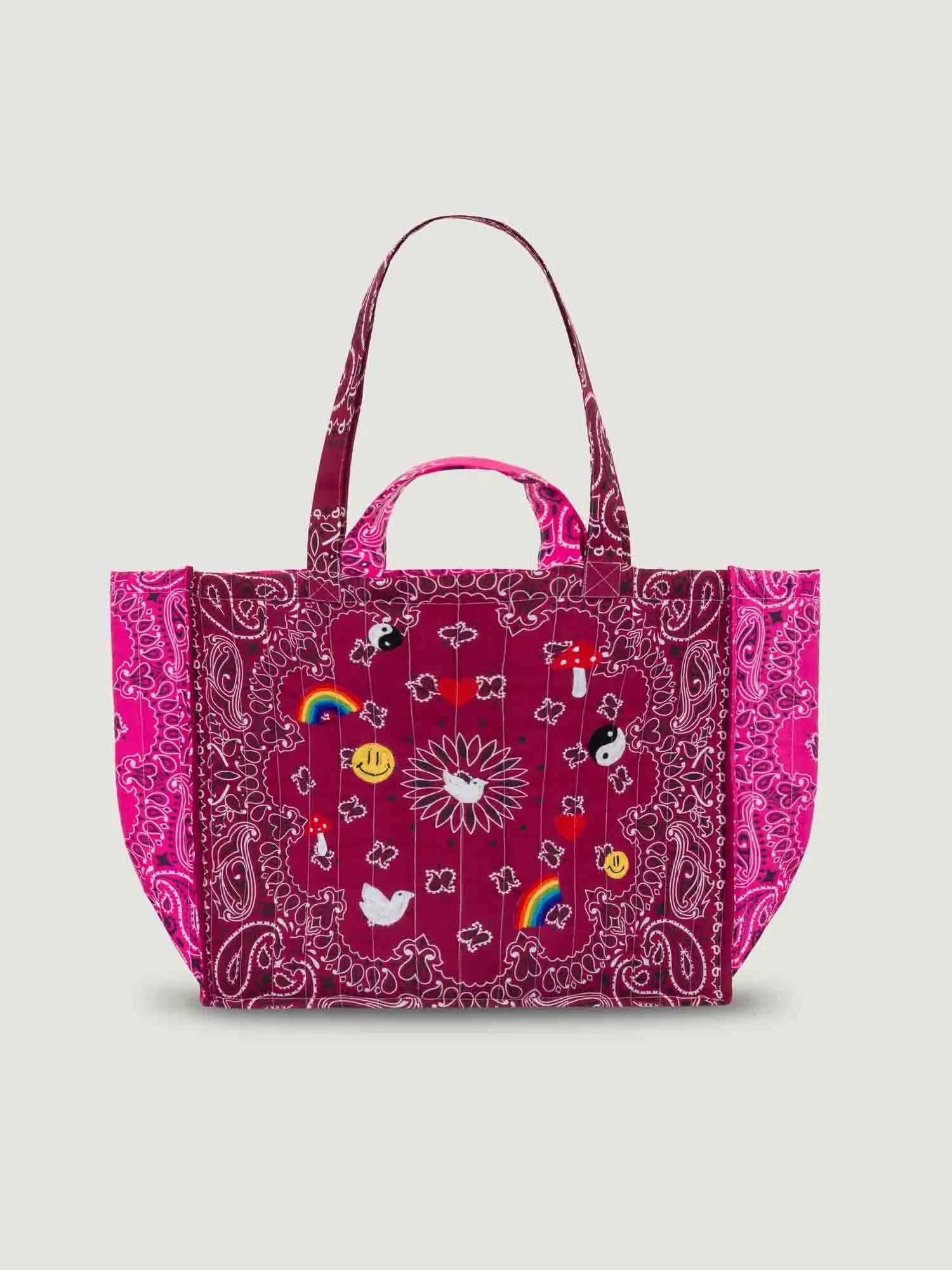 Medium Quilted Tote Bag - MULTI-EMOJIS - Burgundy / Fuchsia