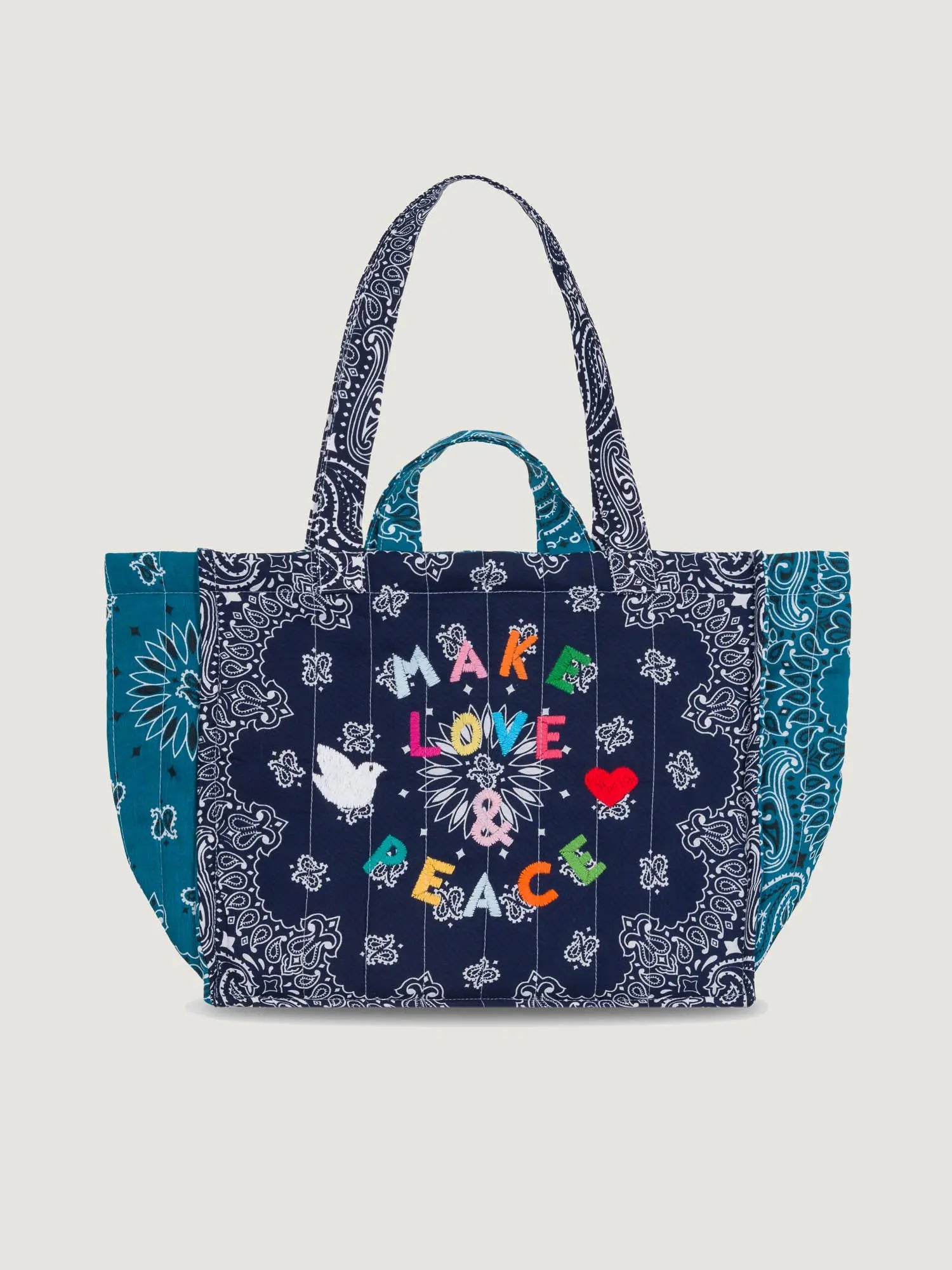 Moyen Cabas Matelassé - MAKE LOVE & PEACE - Navy / Pétrole
