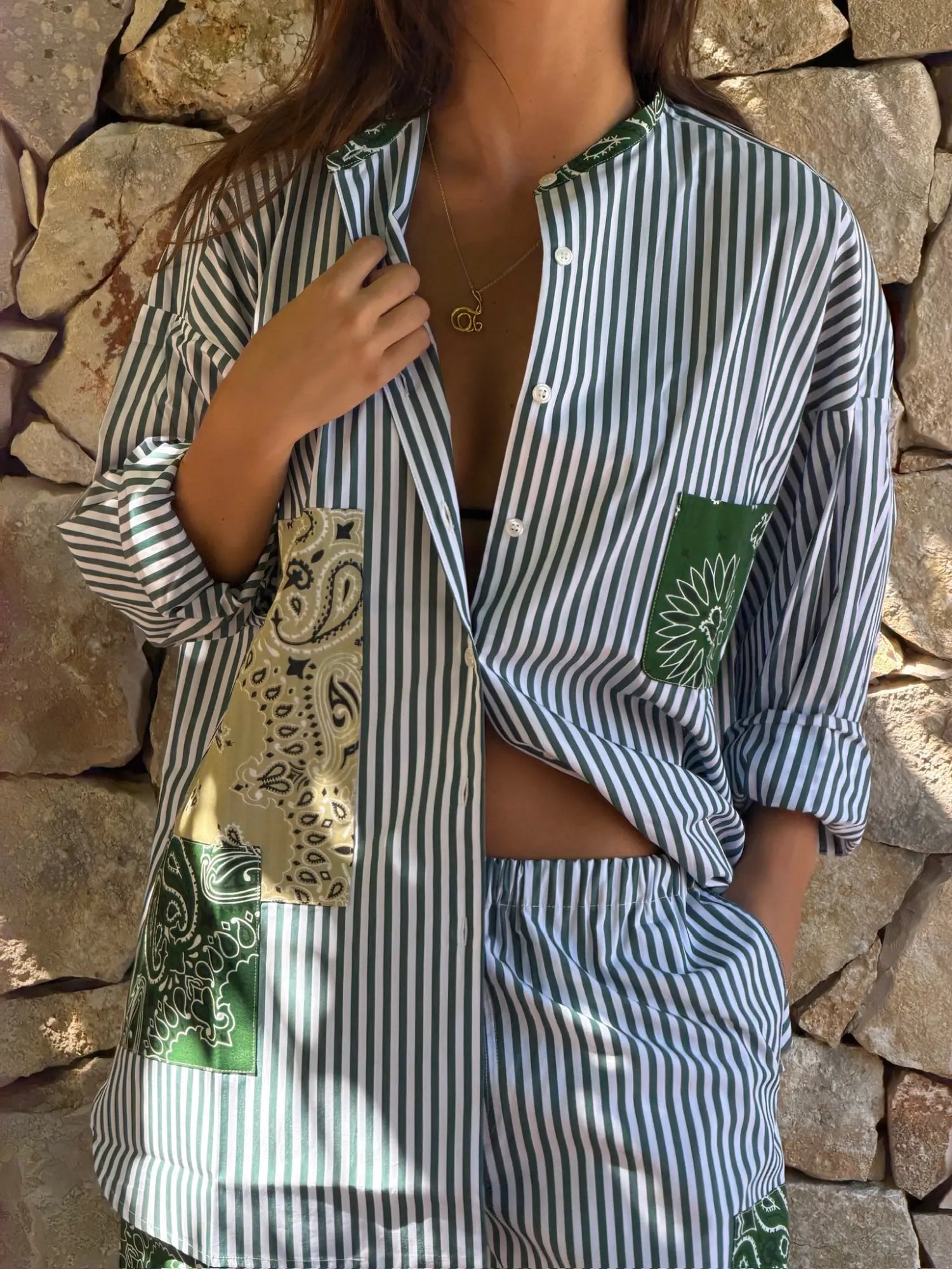 Unisex striped shirt - Week-End Green / Beige