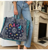 Quilted Maxi Cabas Tote - MAMA - Navy / Petrol