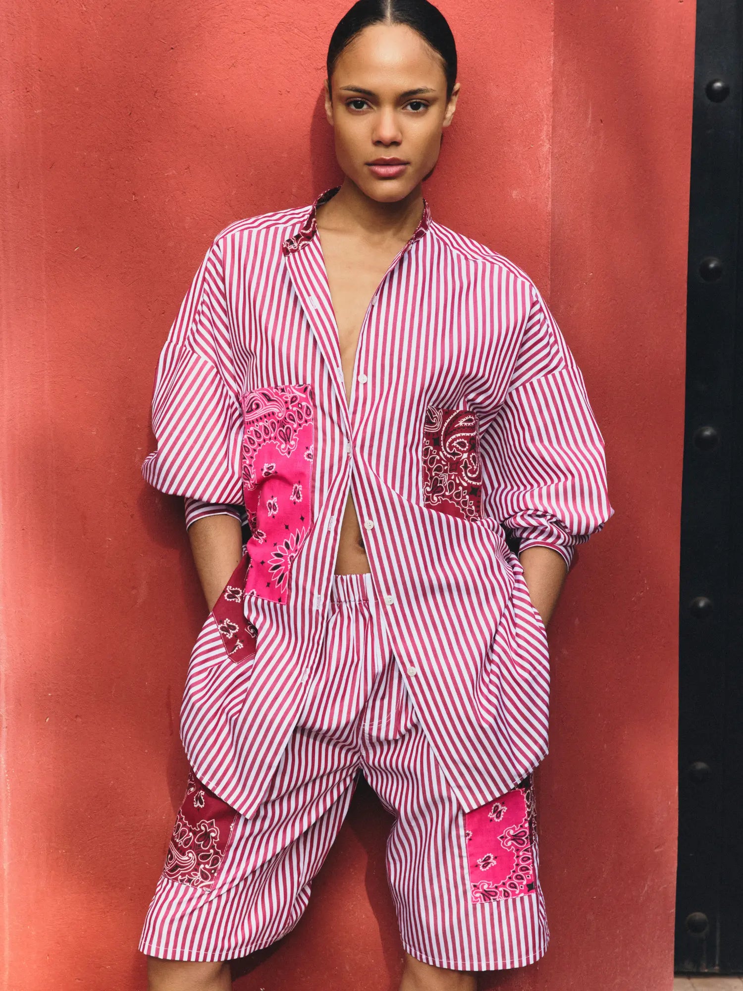 Chemise rayée unisexe - Bordeaux / Fuchsia
