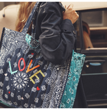 Quilted Maxi Cabas Tote - LOVE - Navy / Petrol