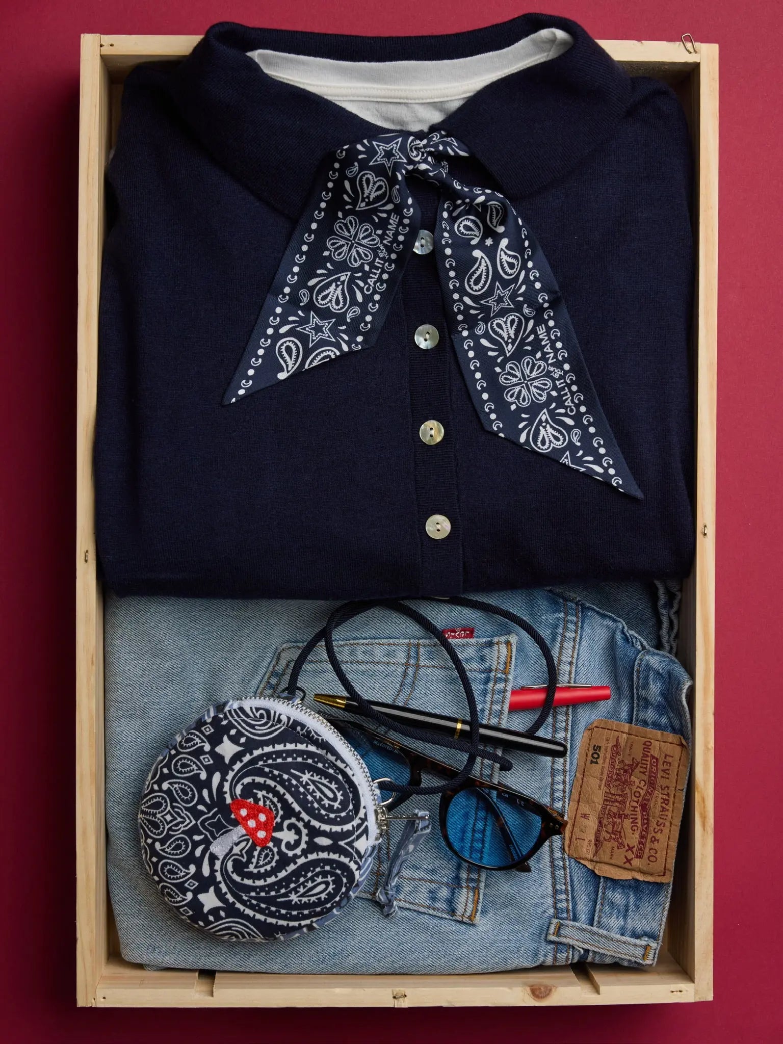 Bourse Brodée  - CHAMPIGNON - Navy / Chambray