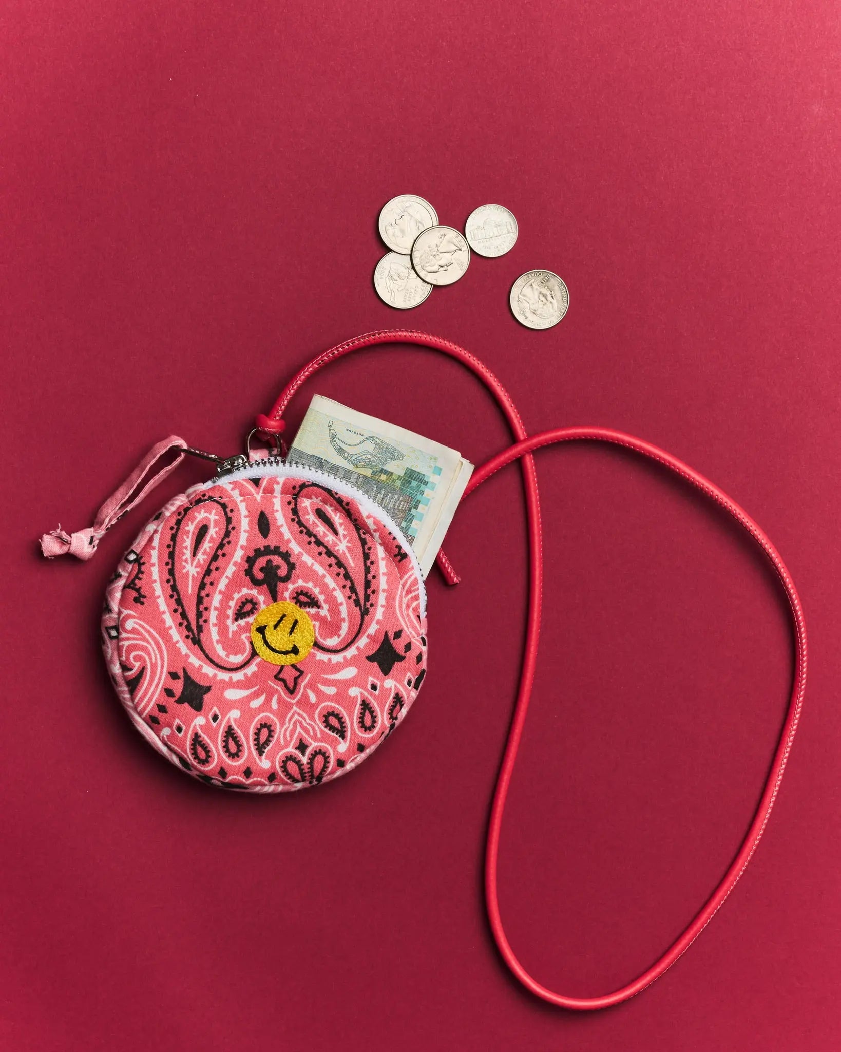 Bourse Brodée  - HAPPY FACE - Strawberry Pink / Pale Pink