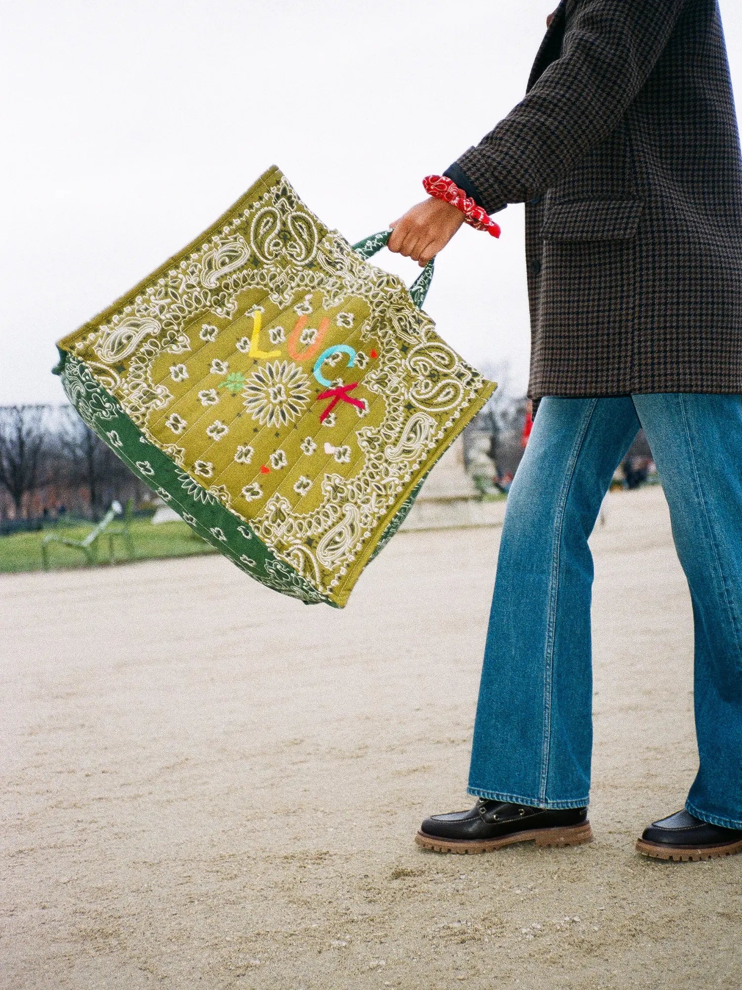 Quilted Maxi Cabas Tote - LUCK - Bronze / Week-end Green