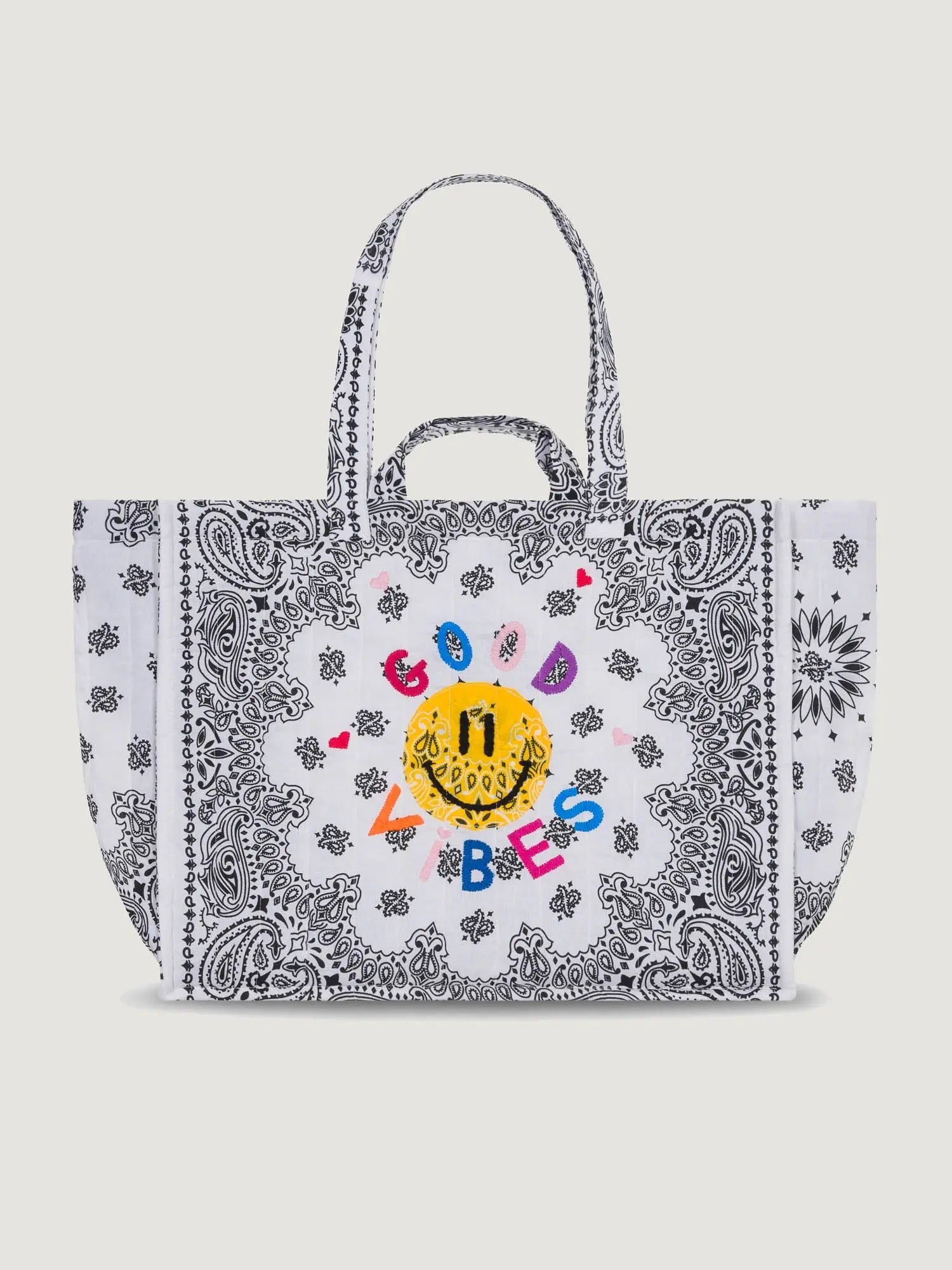 Quilted Maxi Cabas Tote - GOOD VIBES - All White