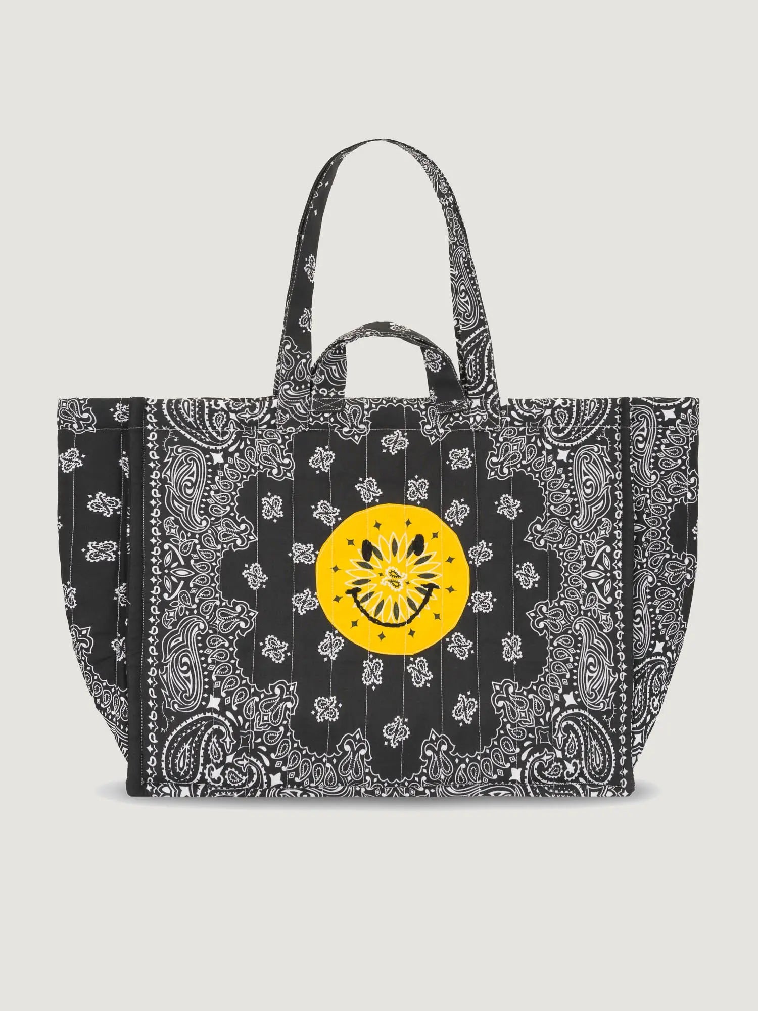 Quilted Maxi Cabas Tote - HAPPY FACE - All Black 