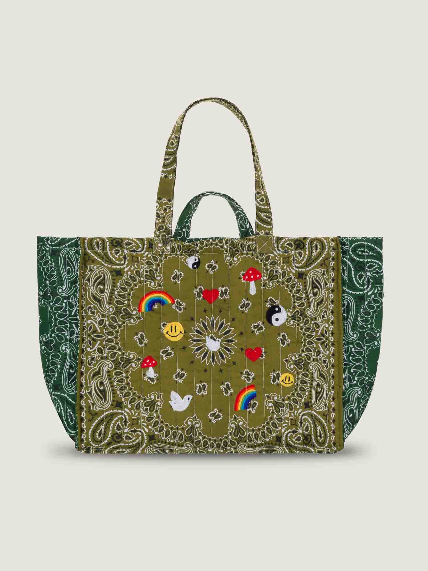Maxi Quilted Tote Bag - MULTI-EMOJIS - Bronze / Weekend Green