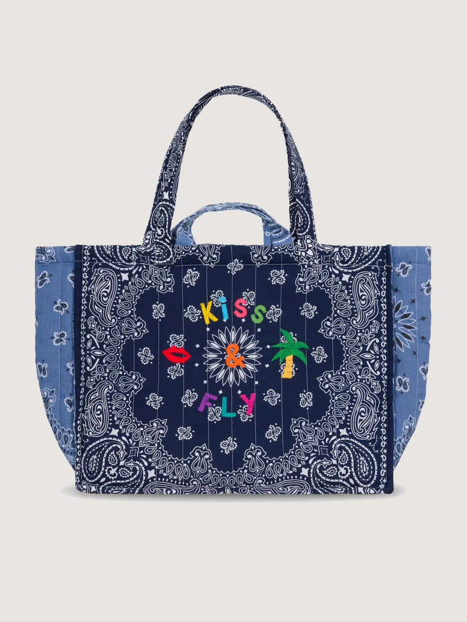 Quilted Maxi Cabas Tote - KISS AND FLY - Navy / Chambray