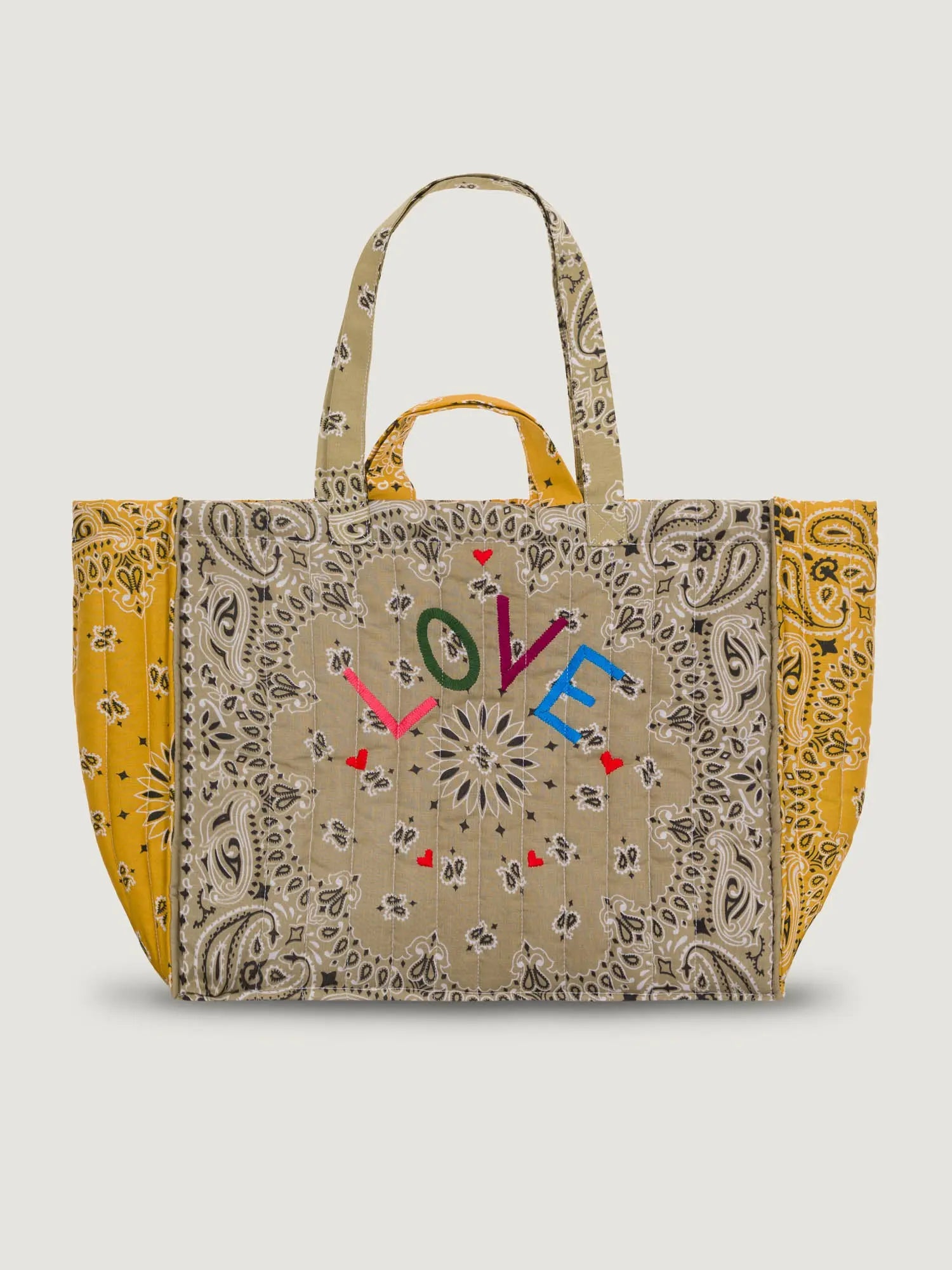 Maxi Quilted  Cabas Tote - LOVE - Beige / Mustard