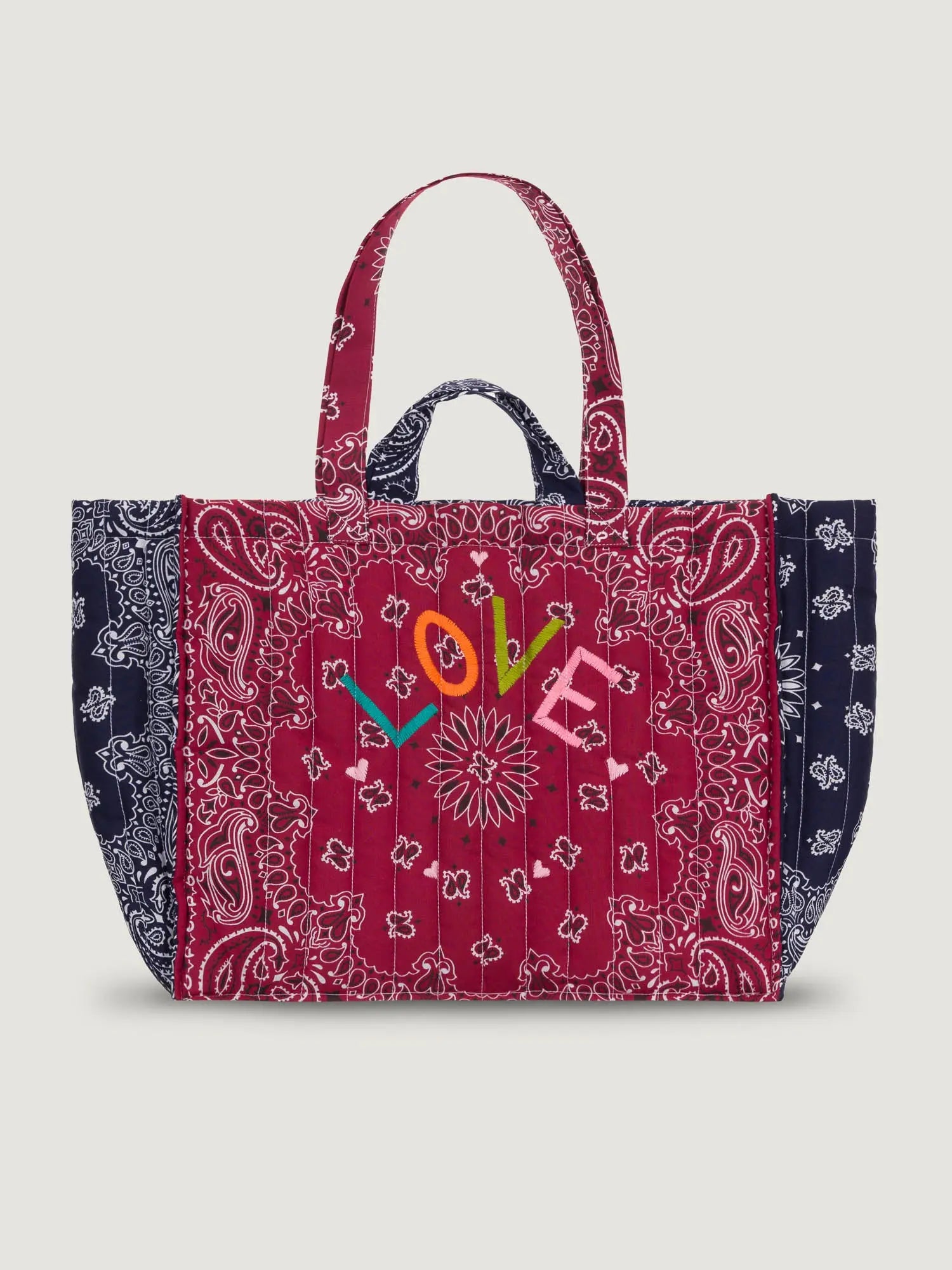 Maxi Quilted Cabas Tote - LOVE - Burgundy / Navy