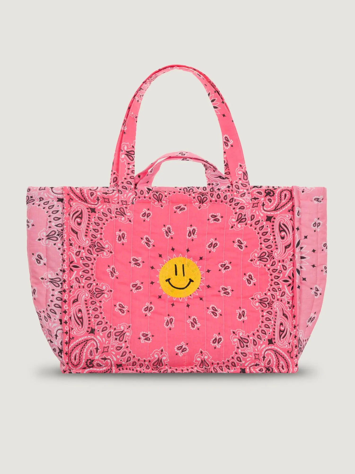 Maxi Quilted  Cabas Tote - HAPPY FACE - Strawberry Pink / Pale Pink