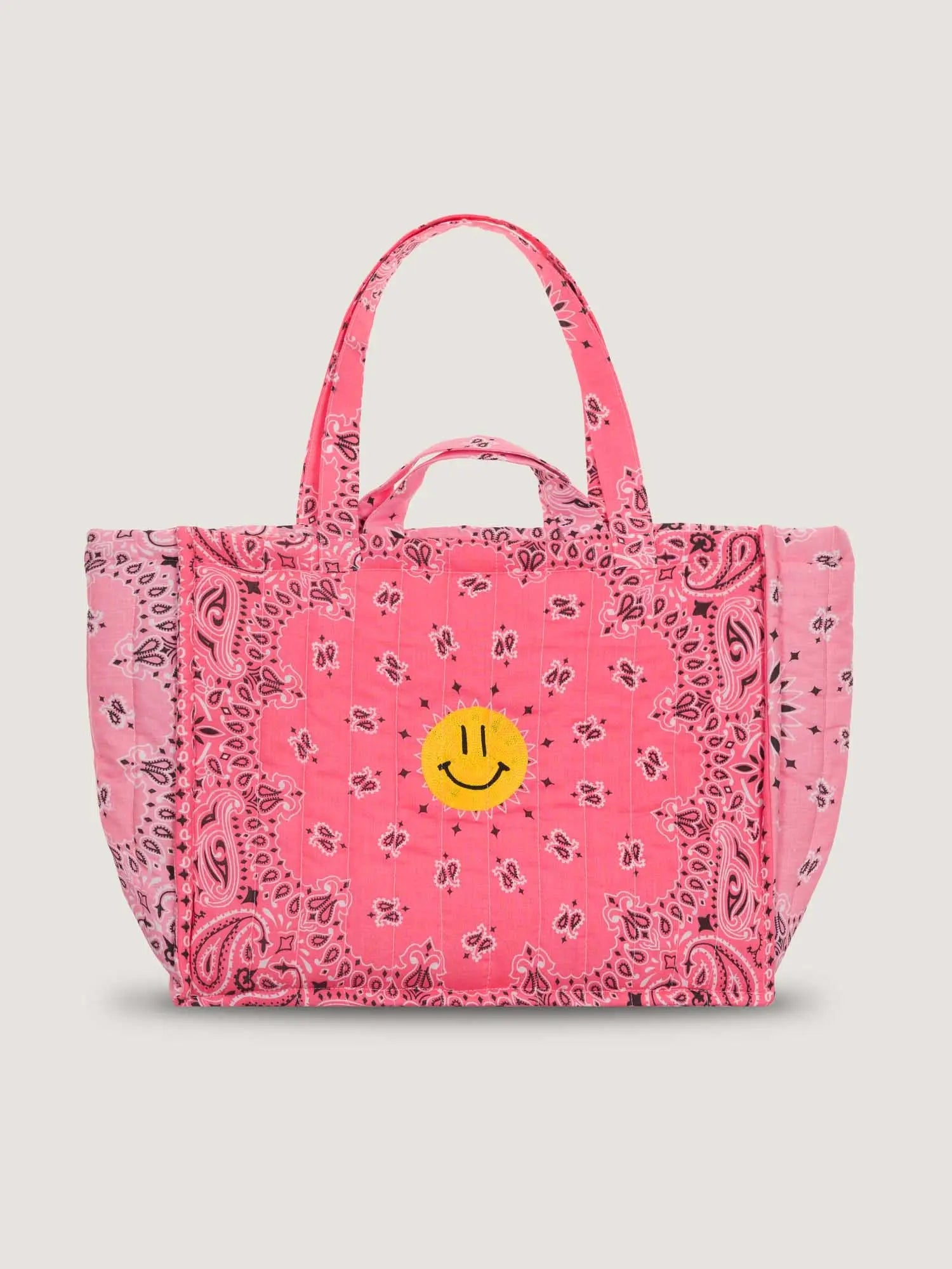 Maxi Quilted  Cabas Tote - HAPPY FACE - Strawberry Pink / Pale Pink