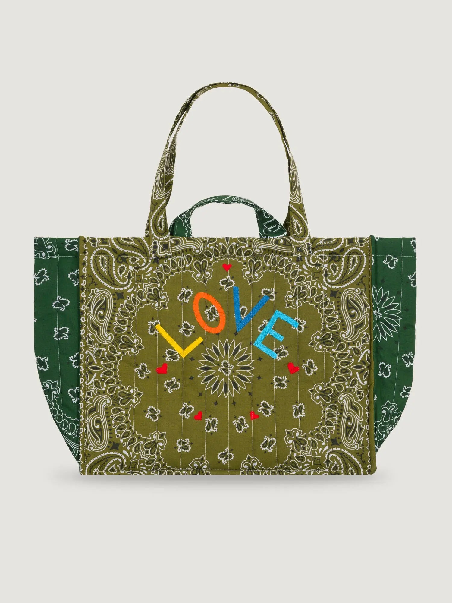 Quilted Maxi Cabas Tote - LOVE - Bronze / Week end green
