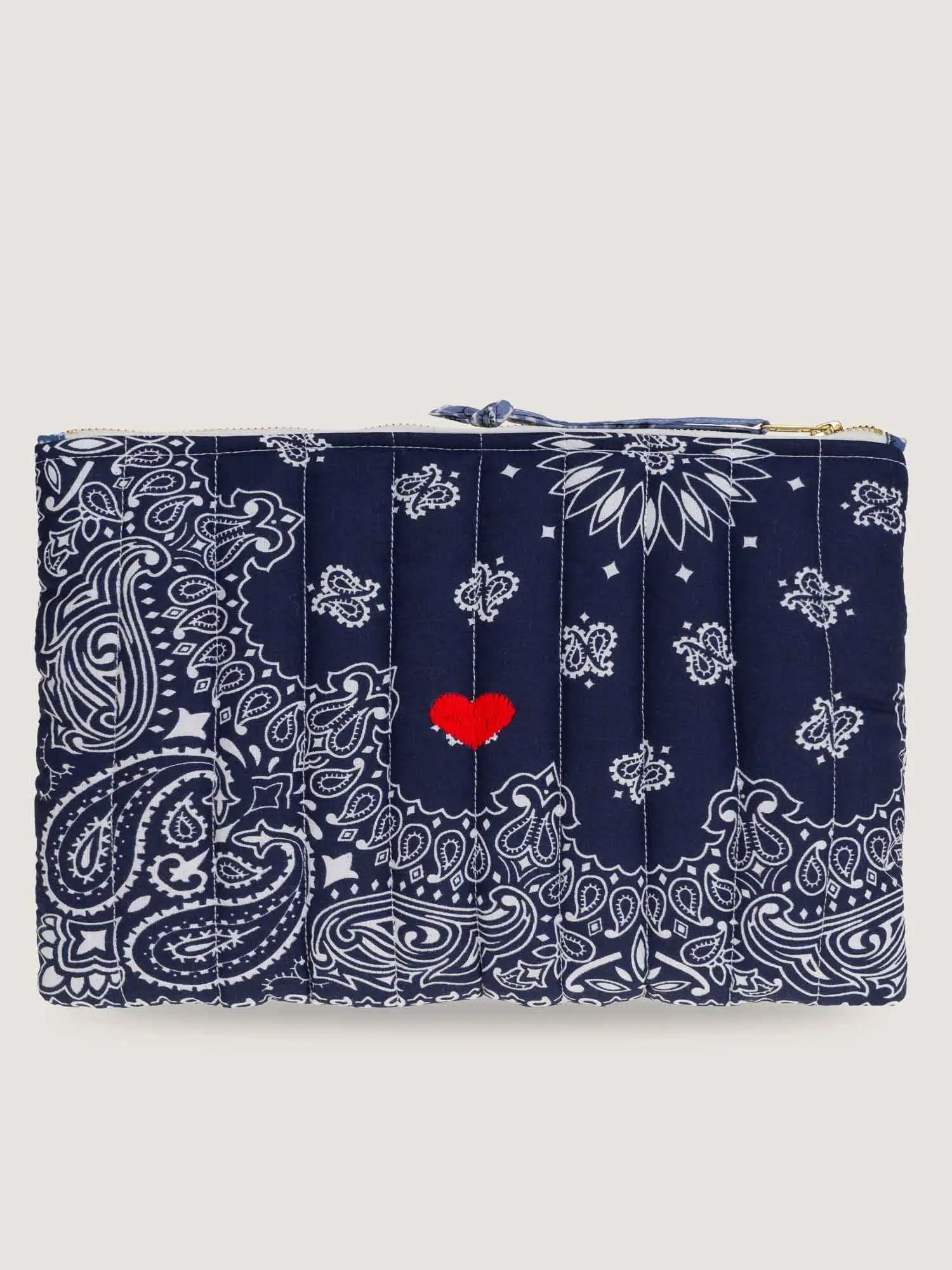 Zipped Quilted Pouch - HEART - Navy / Chambray