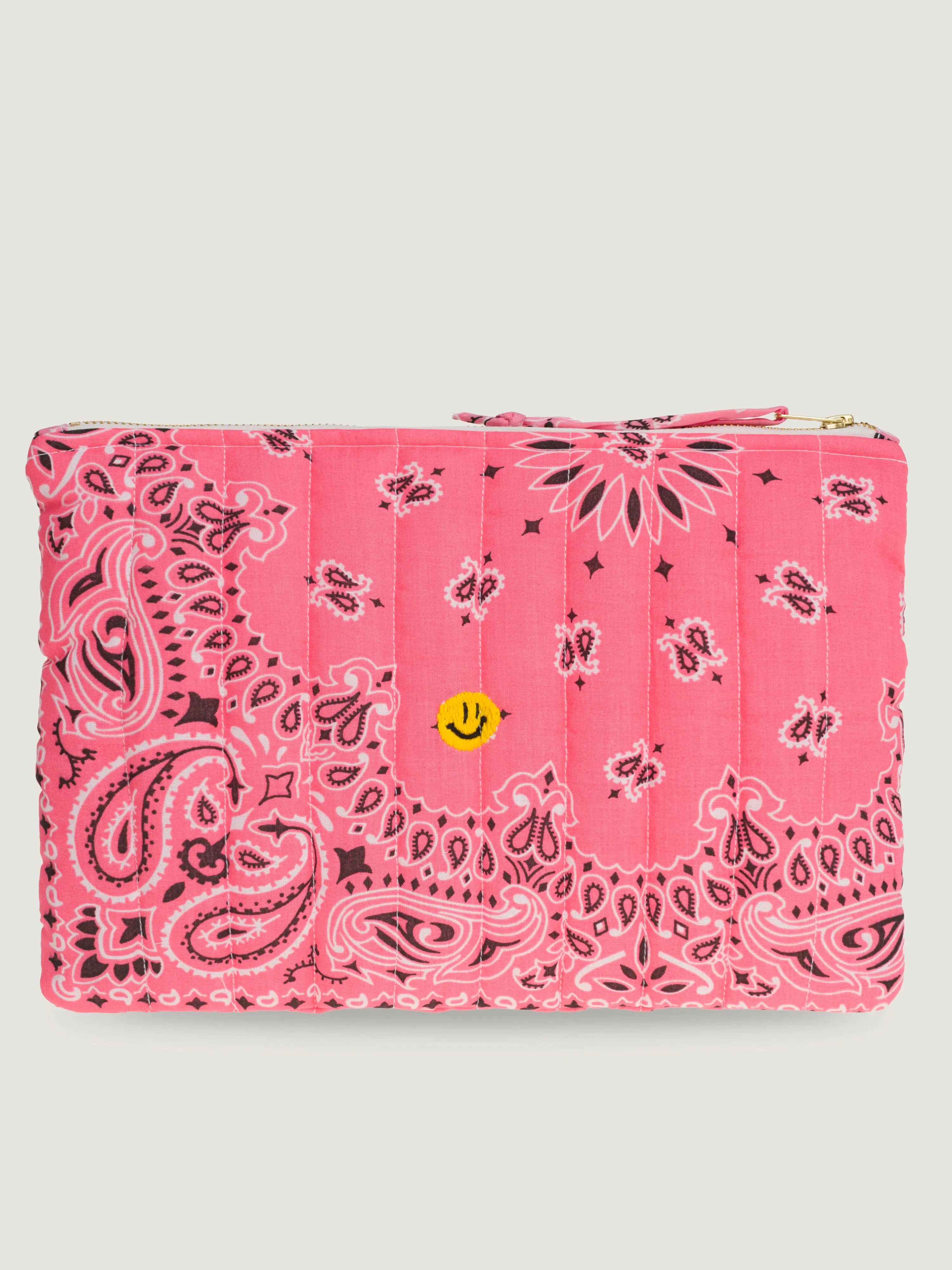 Zipped Quilted Pouch - HAPPY FACE - Strawberry Pink / Pale Pink