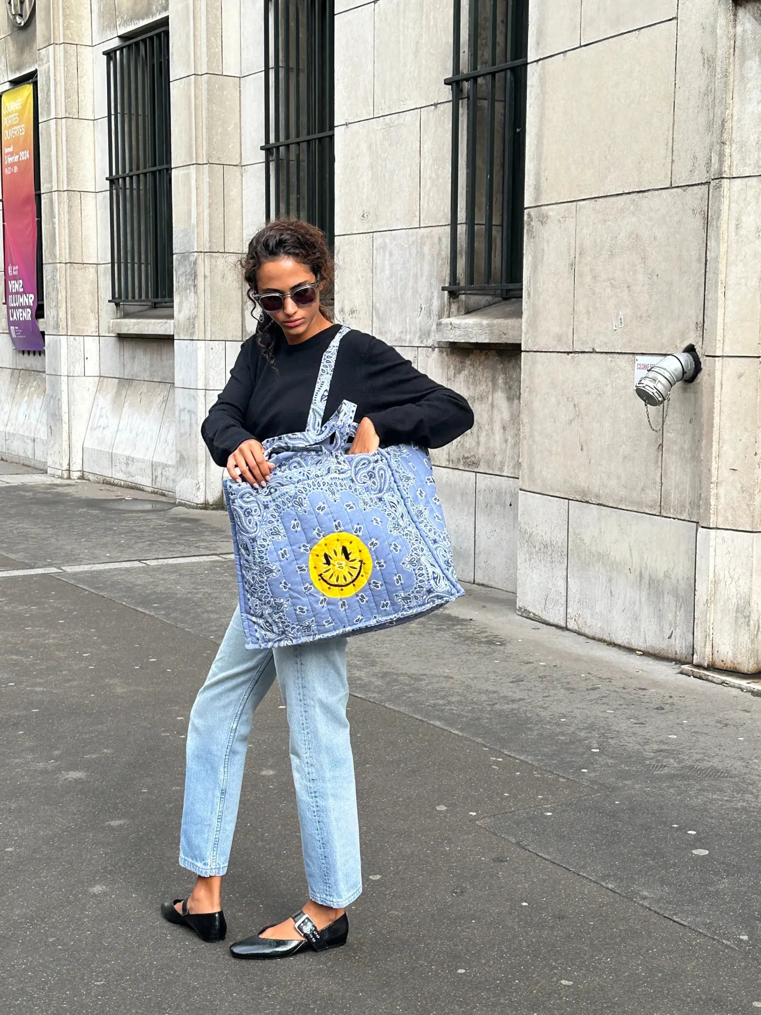 Quilted Maxi Cabas - HAPPY FACE - All Chambray