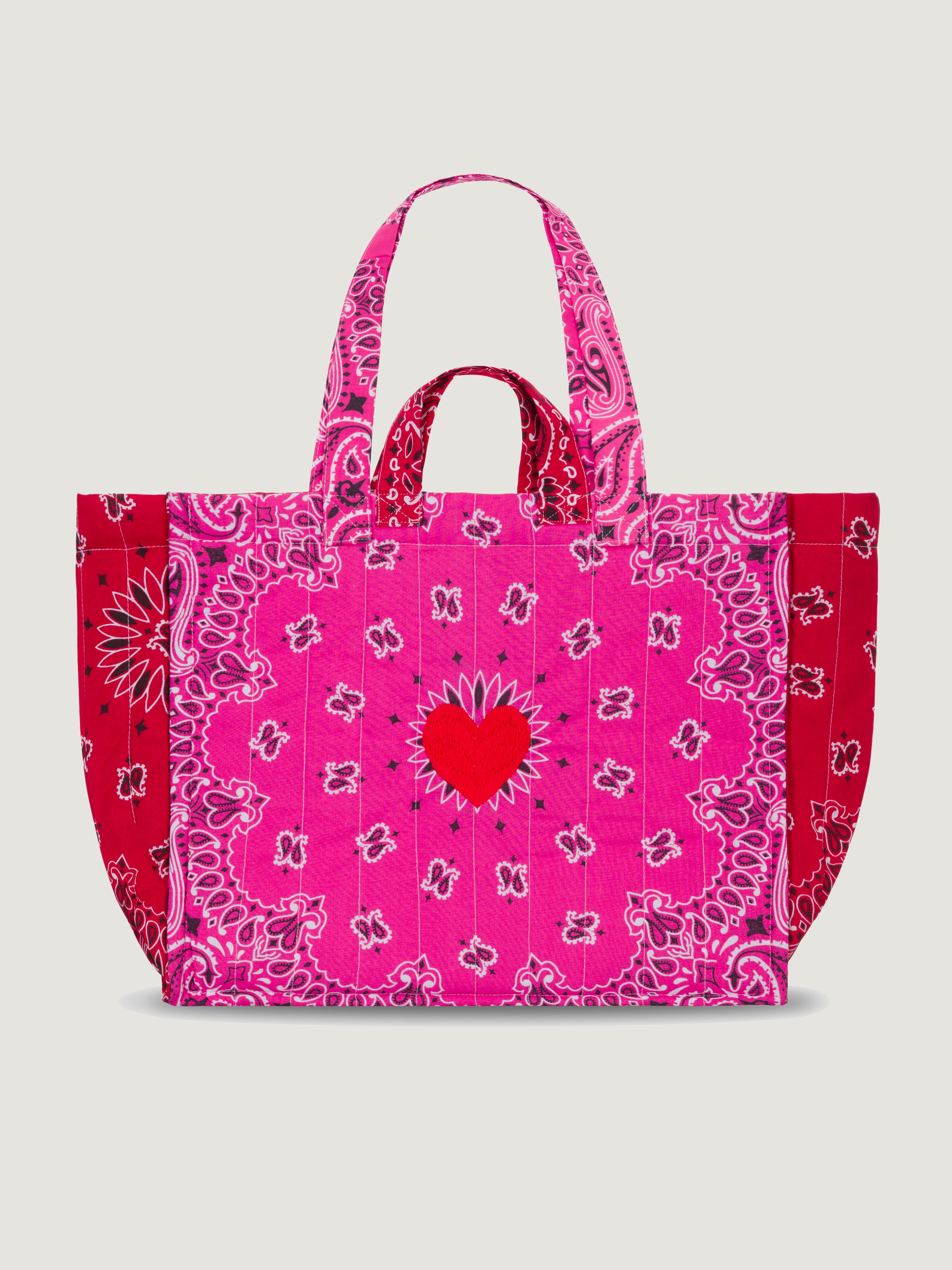 Quilted Medium Cabas Tote - HEART - Fuchsia / Real Red