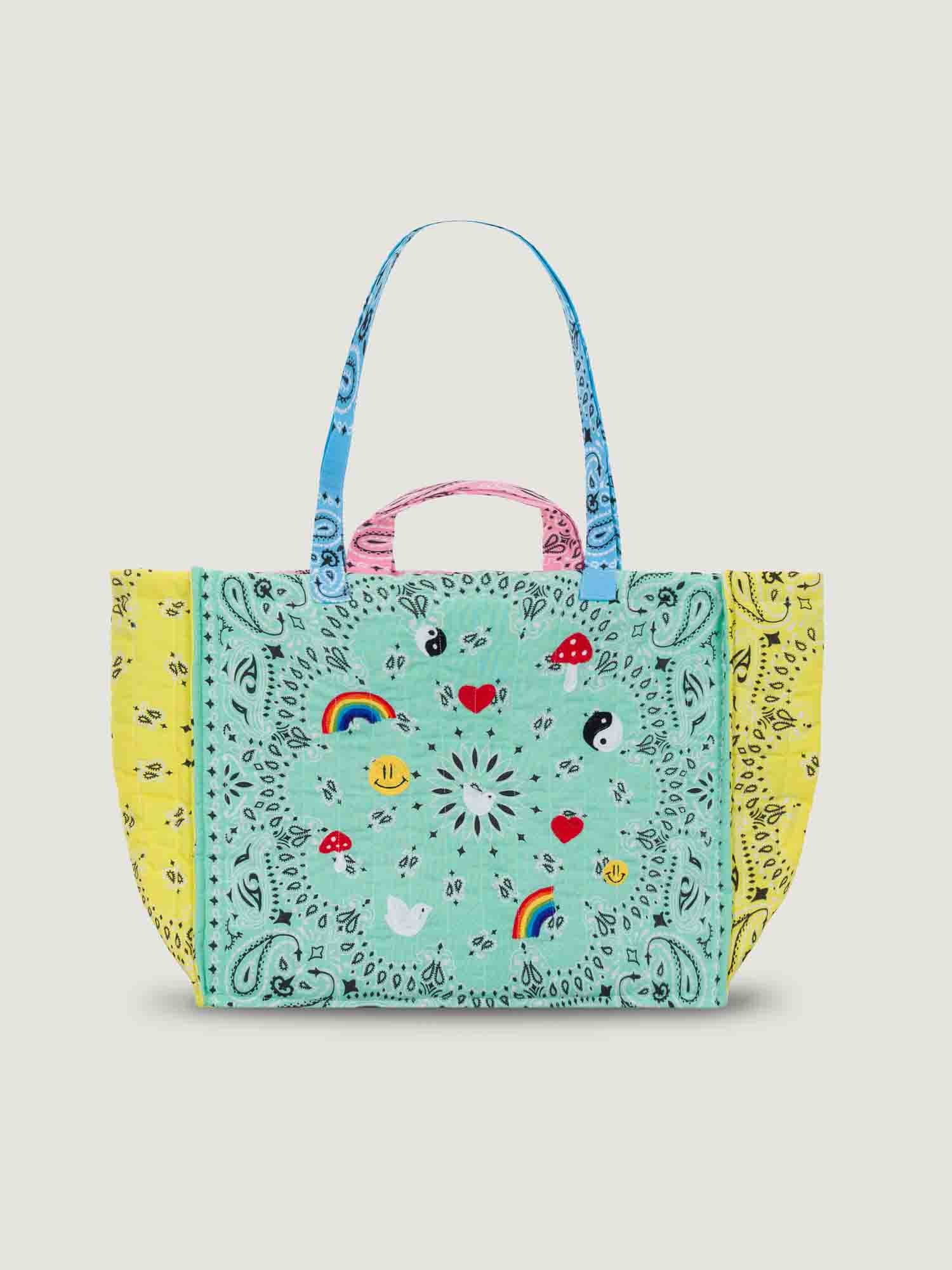 Medium Quilted Tote Bag - MULTI-EMOJIS - Mint / Colorblock