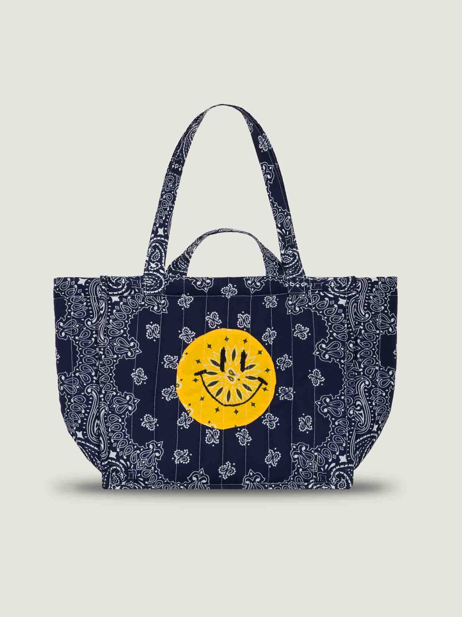 Quilted Medium Cabas Tote - HAPPY FACE - All Navy