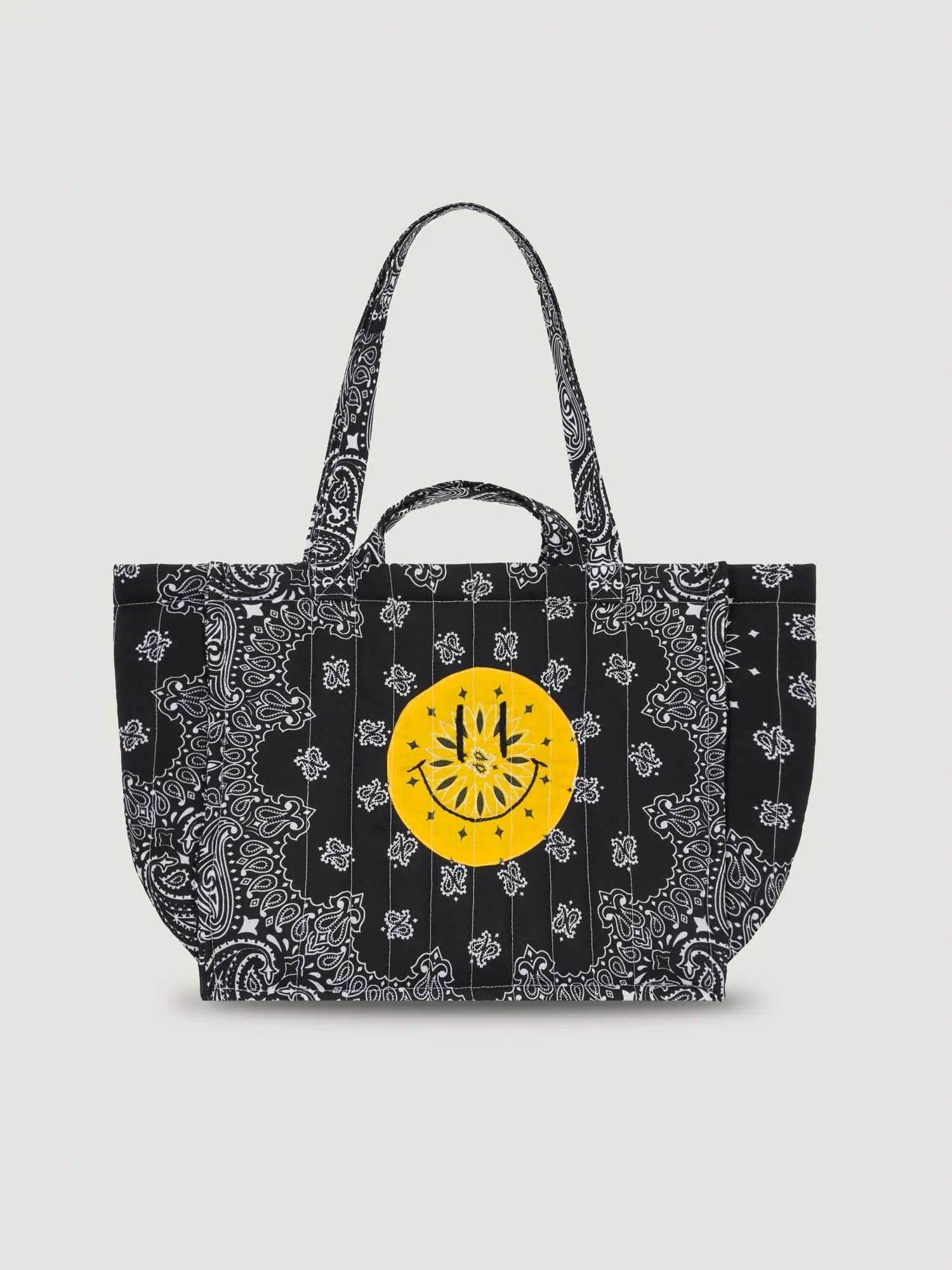 Quilted Medium Cabas Tote - HAPPY FACE - All black