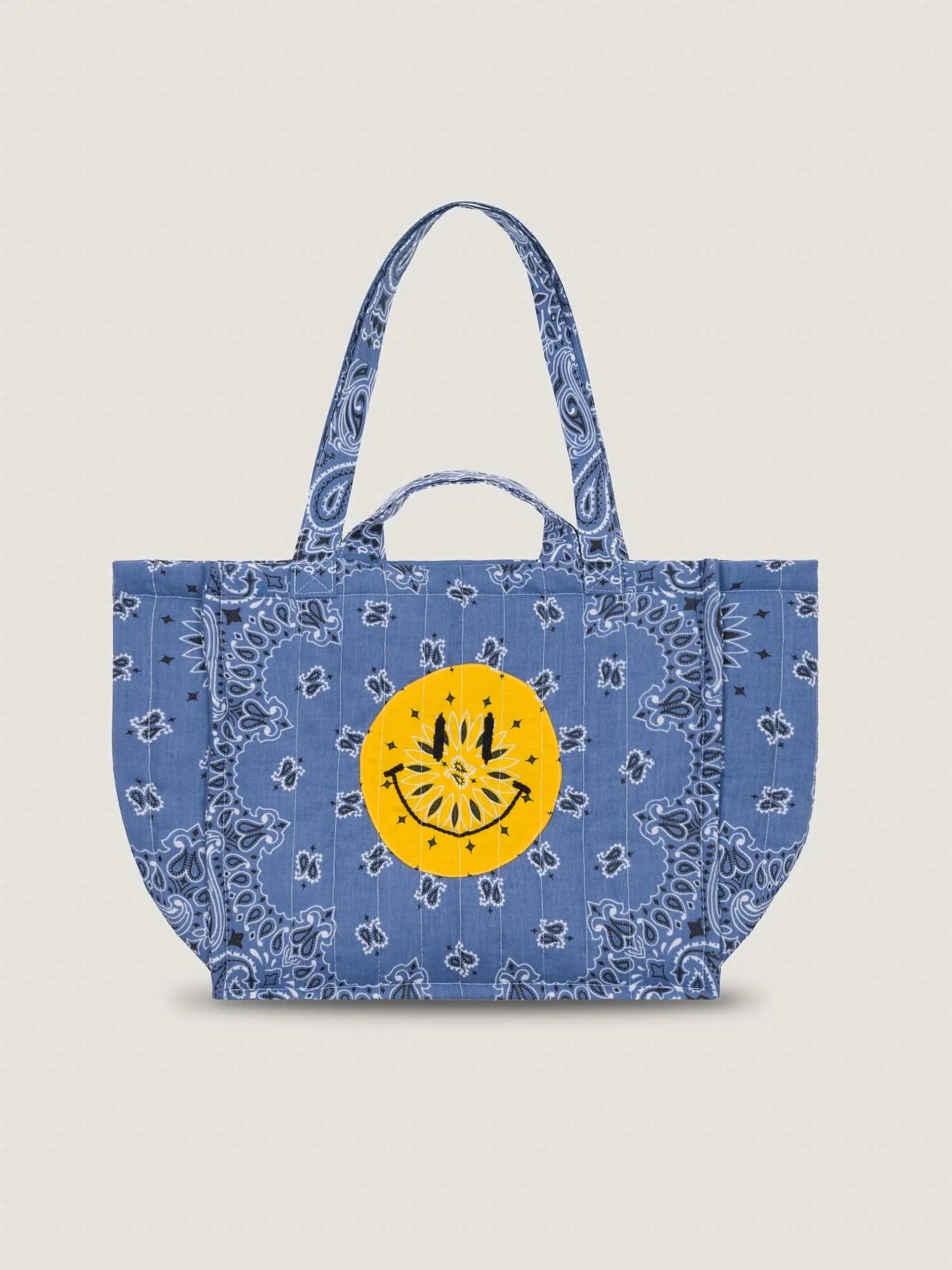 Quilted Medium Cabas Tote - HAPPY FACE - All chambray