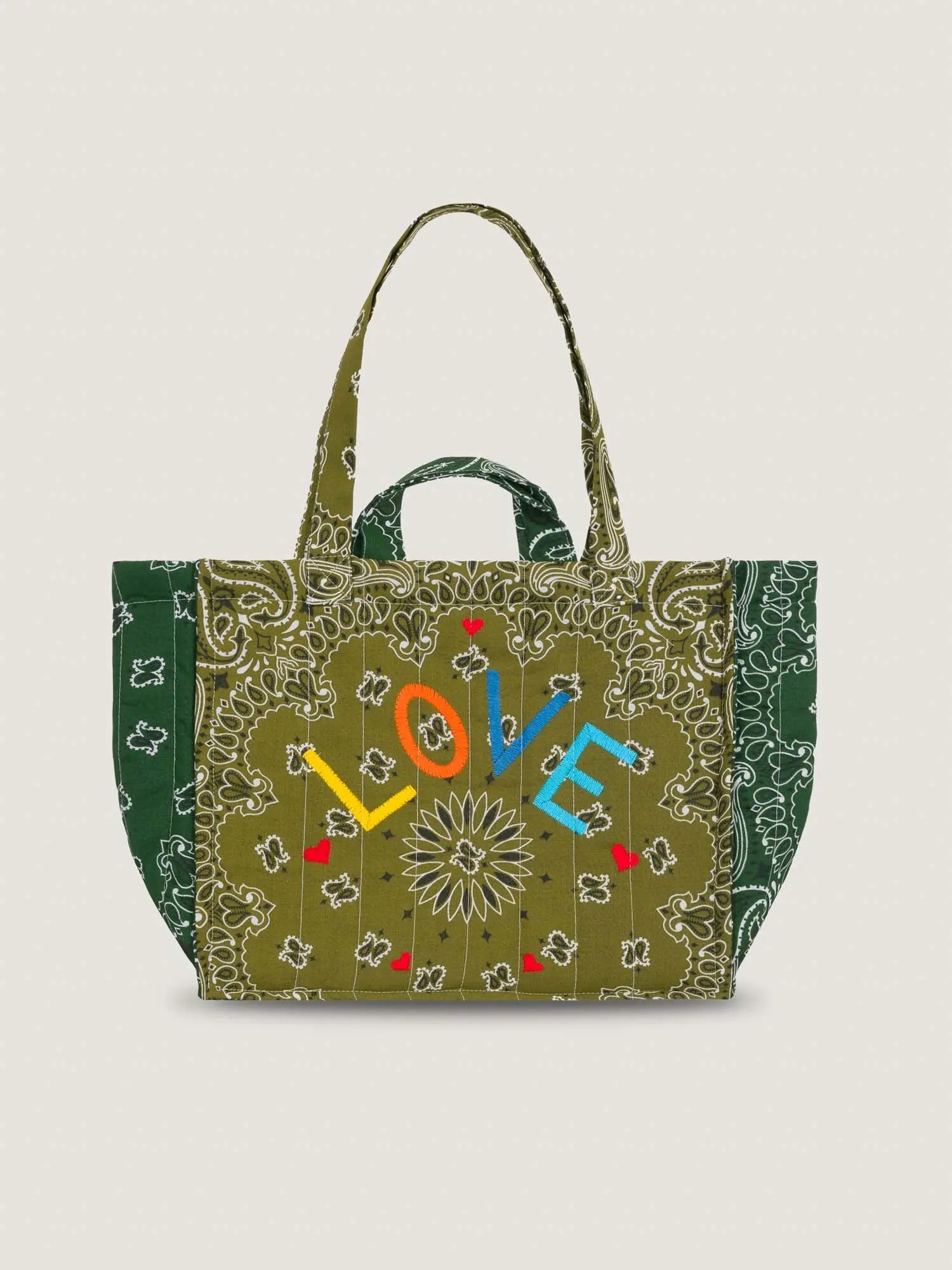 Medium Quilted Tote Bag - LOVE - Bronze / Weekend Green
