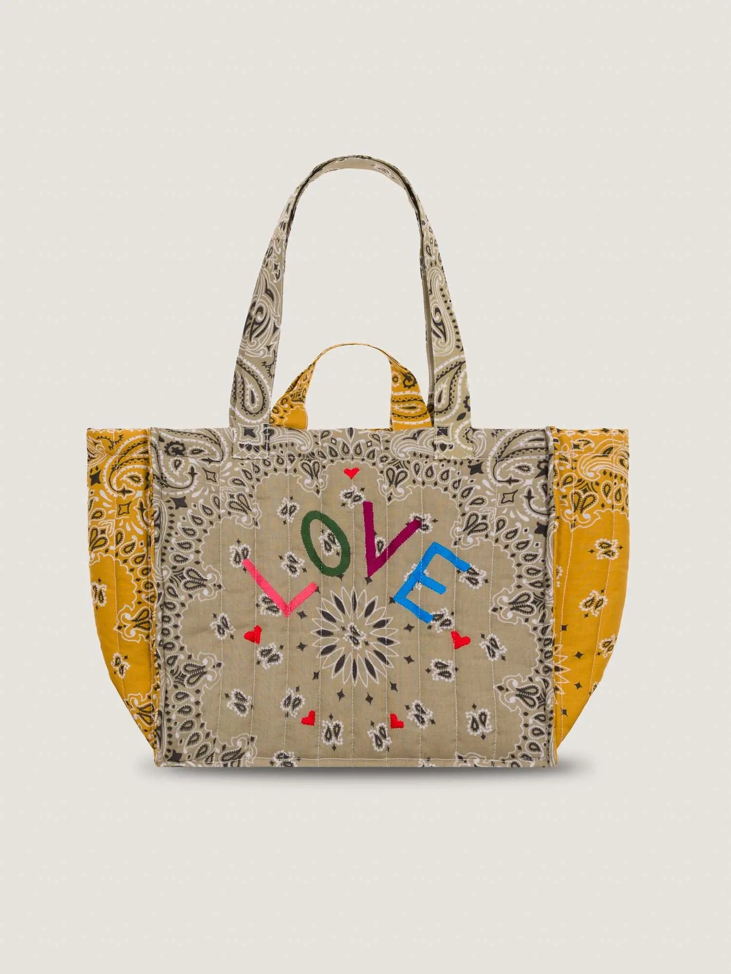 Medium Quilted Tote Bag - LOVE - Beige / Mustard