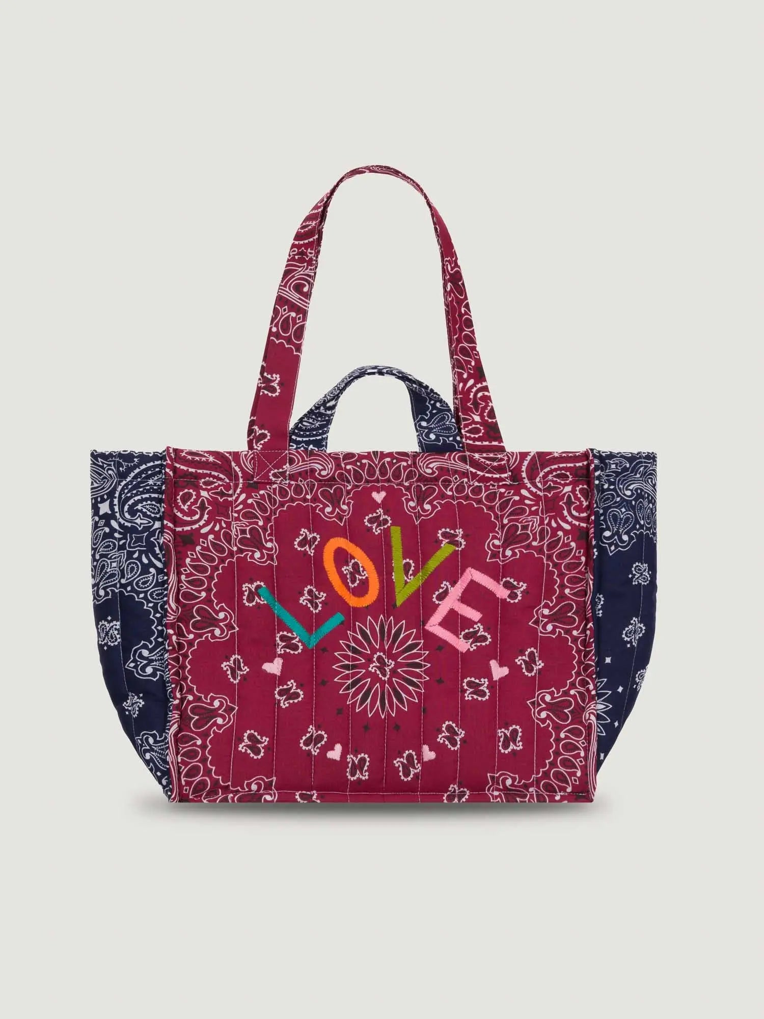 Medium Quilted Tote Bag - LOVE - Burgundy / Navy
