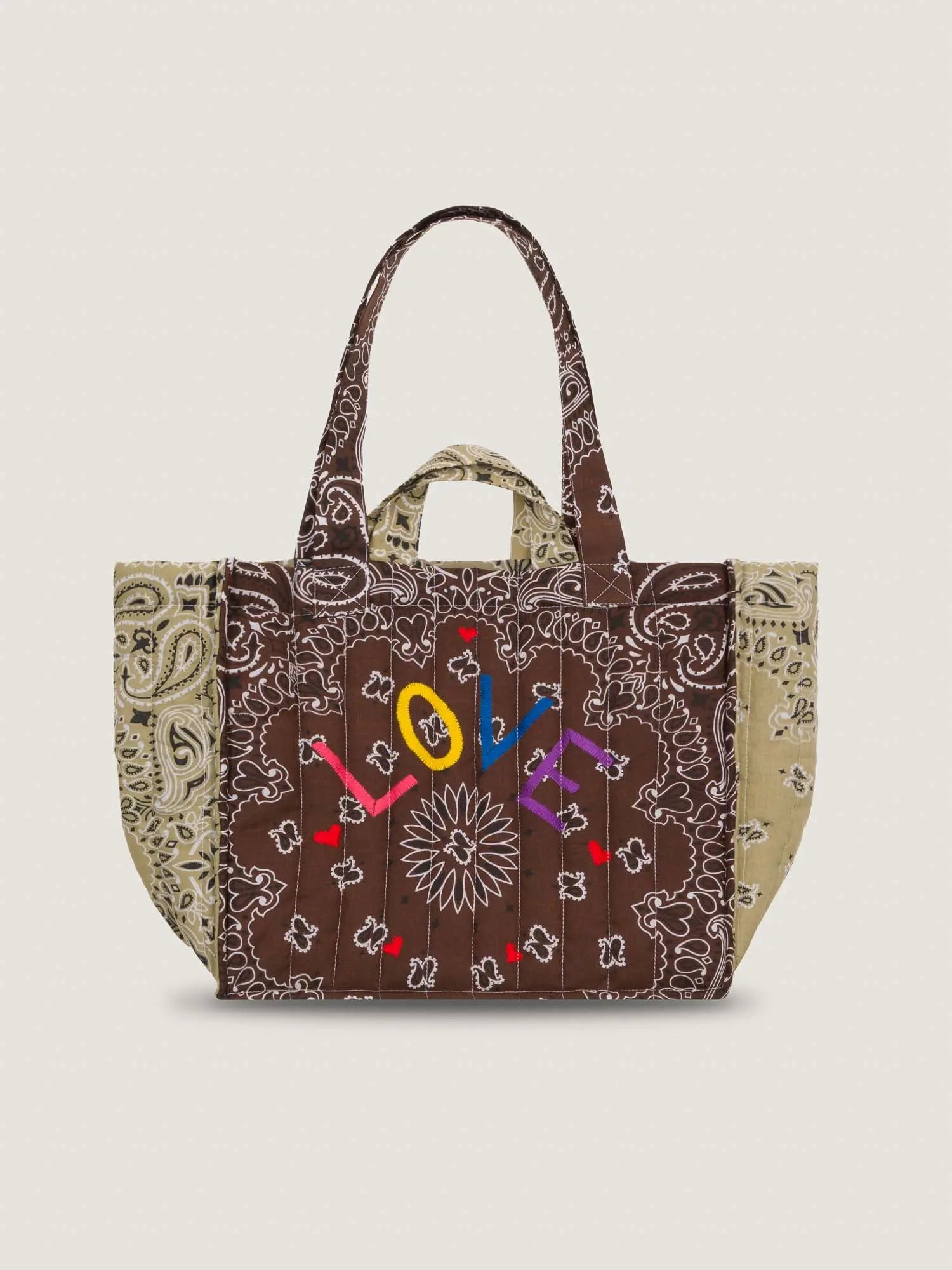 Medium Quilted Tote Bag - LOVE - Brown / Beige