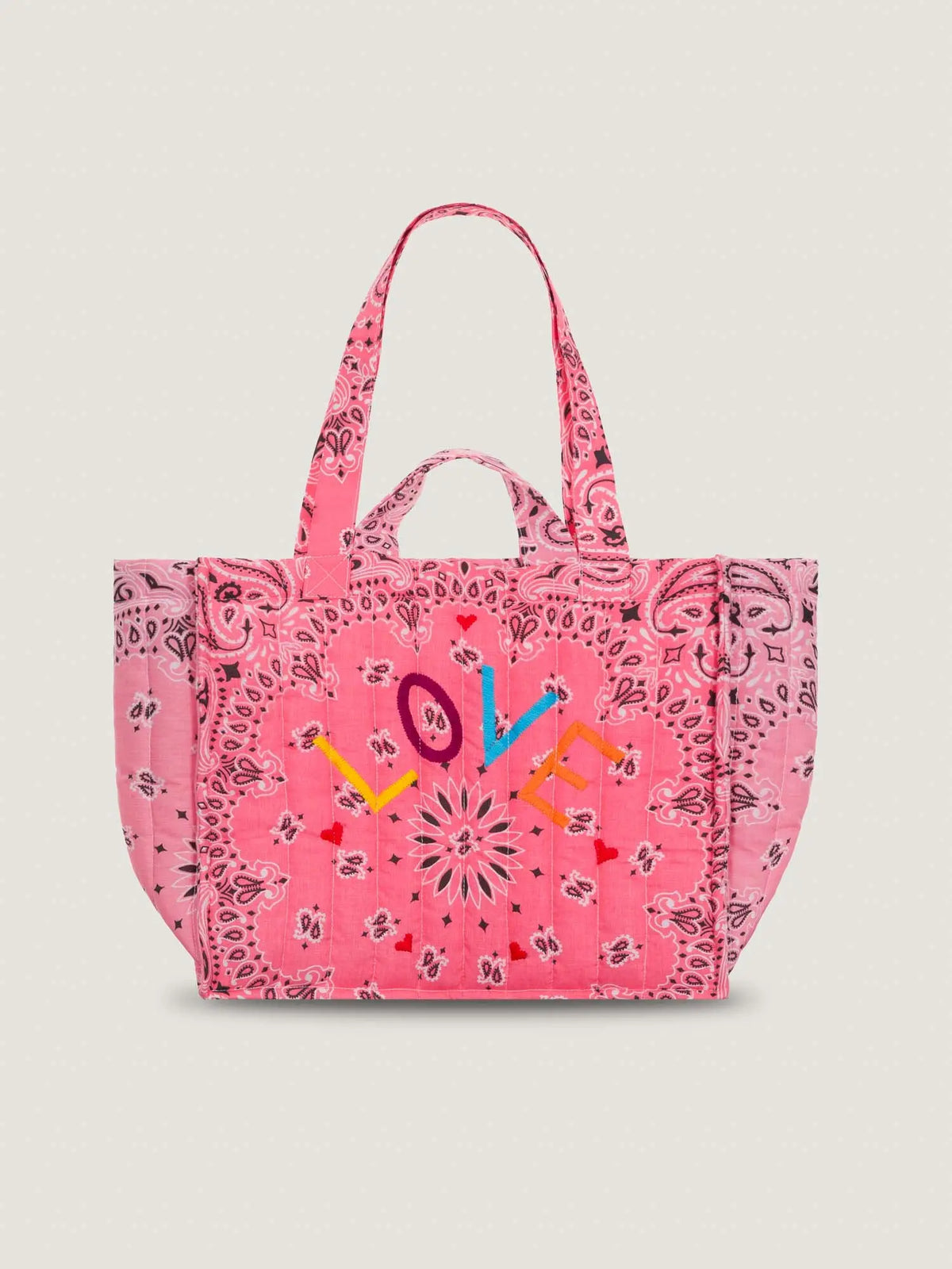 Medium Quilted Tote Bag - LOVE - Strawberry Pink / Pale Pink