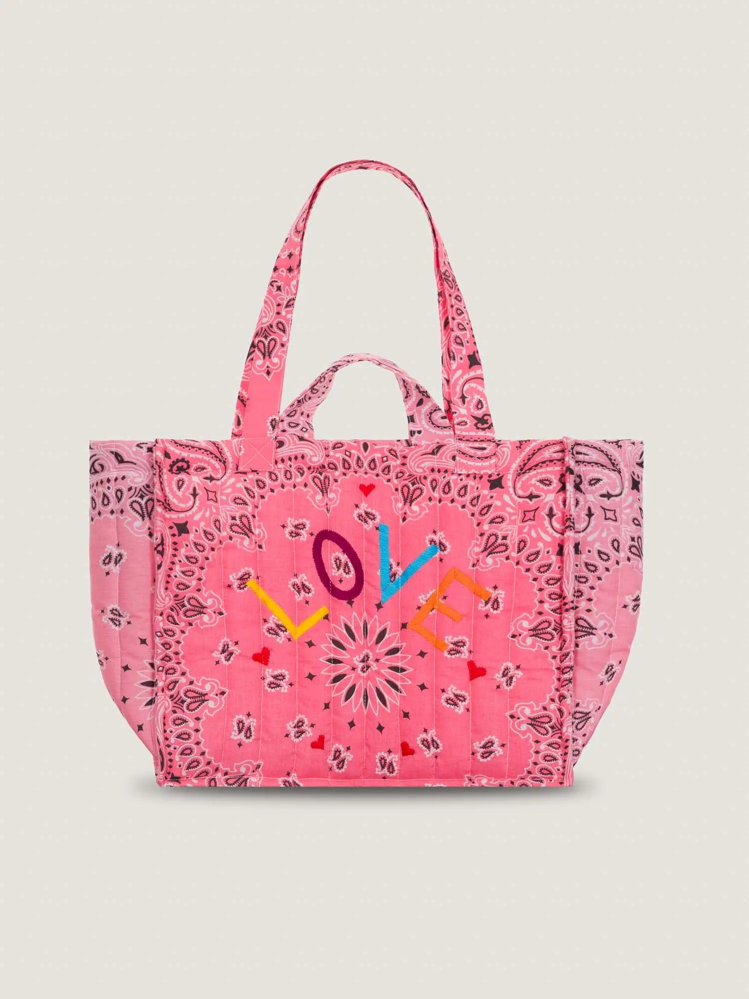 Medium Quilted Tote Bag - LOVE - Strawberry Pink / Pale Pink