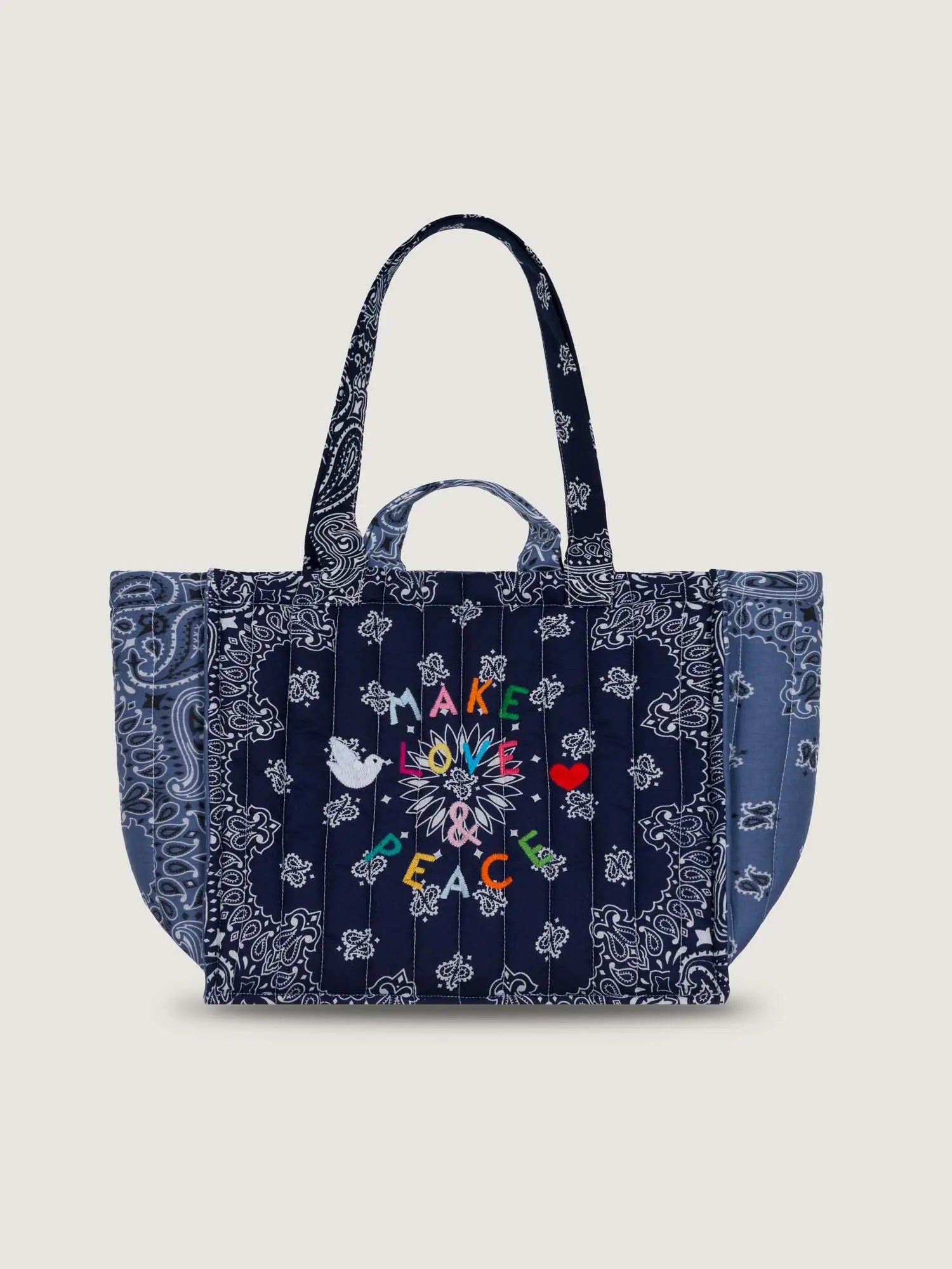 Moyen Cabas Matelassé - MAKE LOVE & PEACE - Navy / Chambray