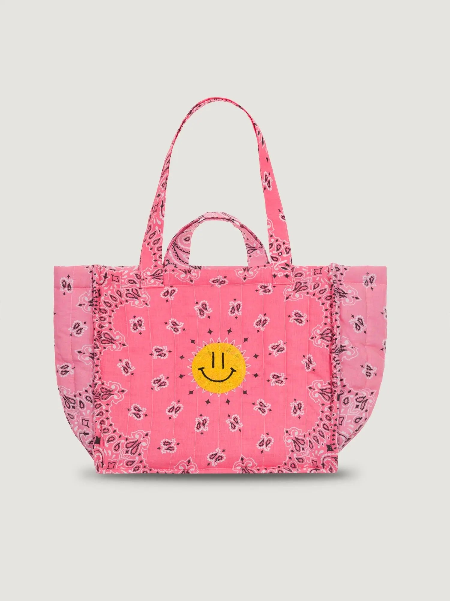 Medium Quilted Tote Bag - HAPPY FACE - Strawberry Pink / Pale Pink