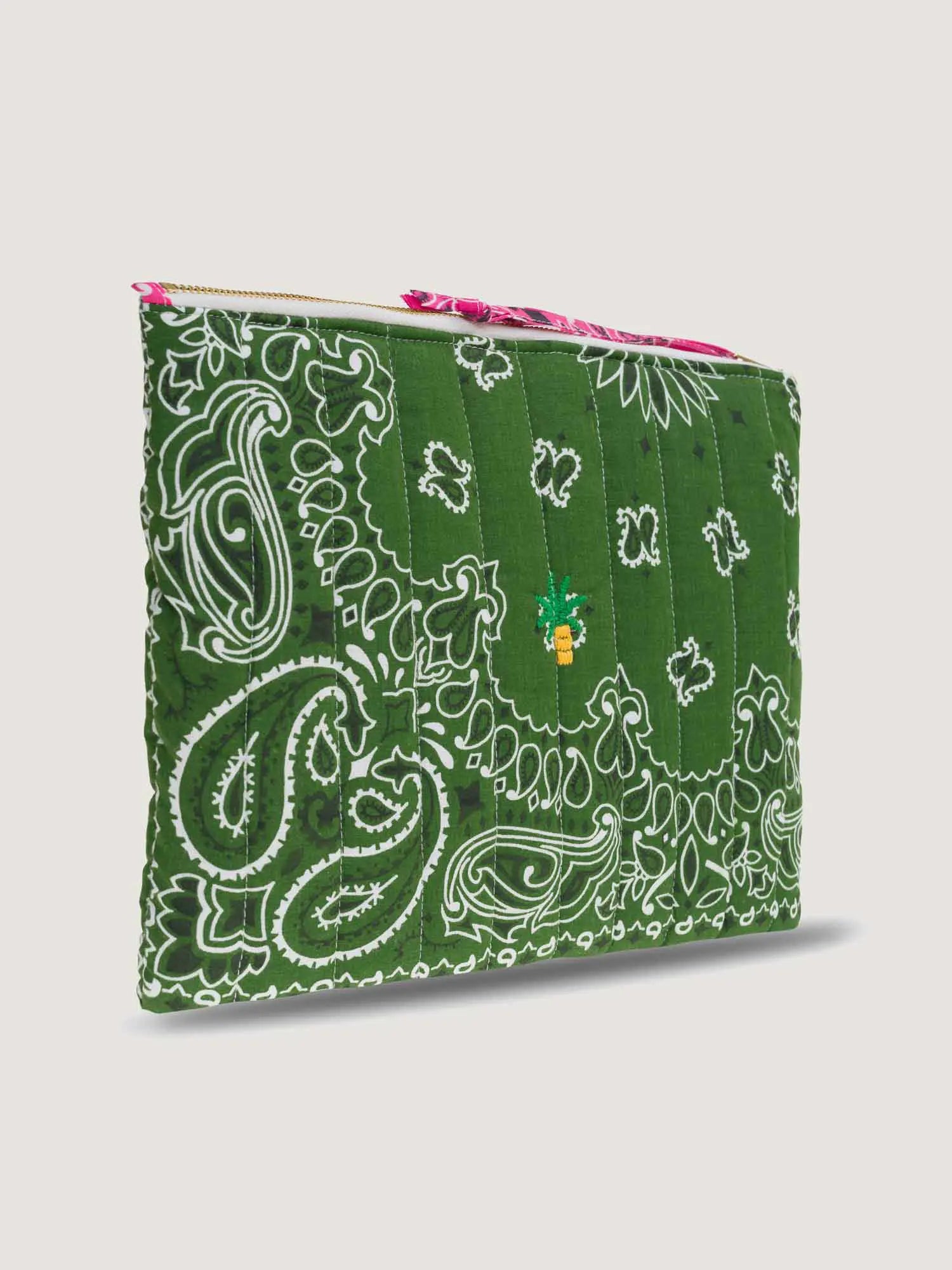 Pochette Zippée Matelassée - PALMIER - Vert Week-end / Fuchsia