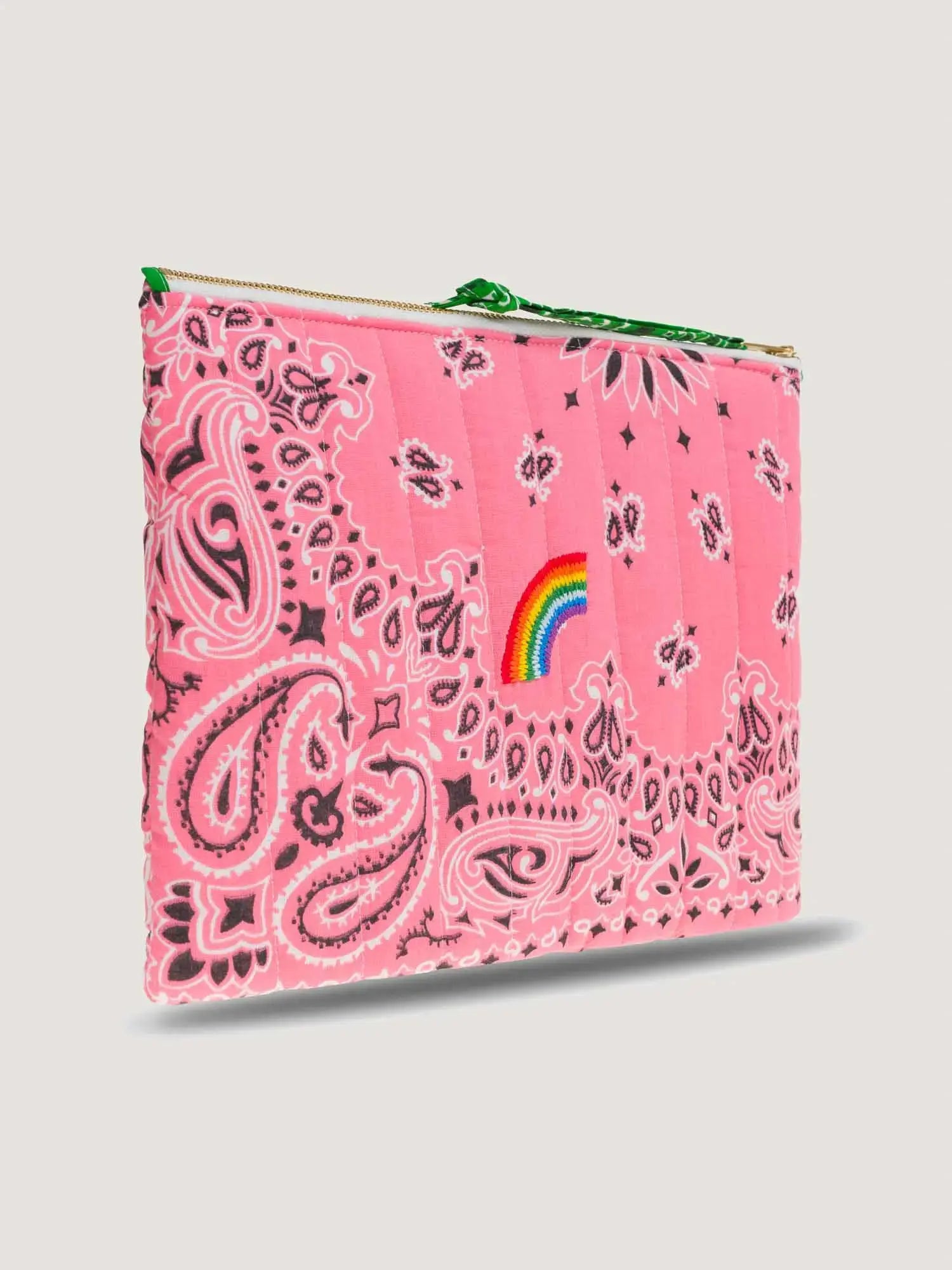 Zipped Quilted Pouch - RAINBOW - Strawberry Pink / Grass Green