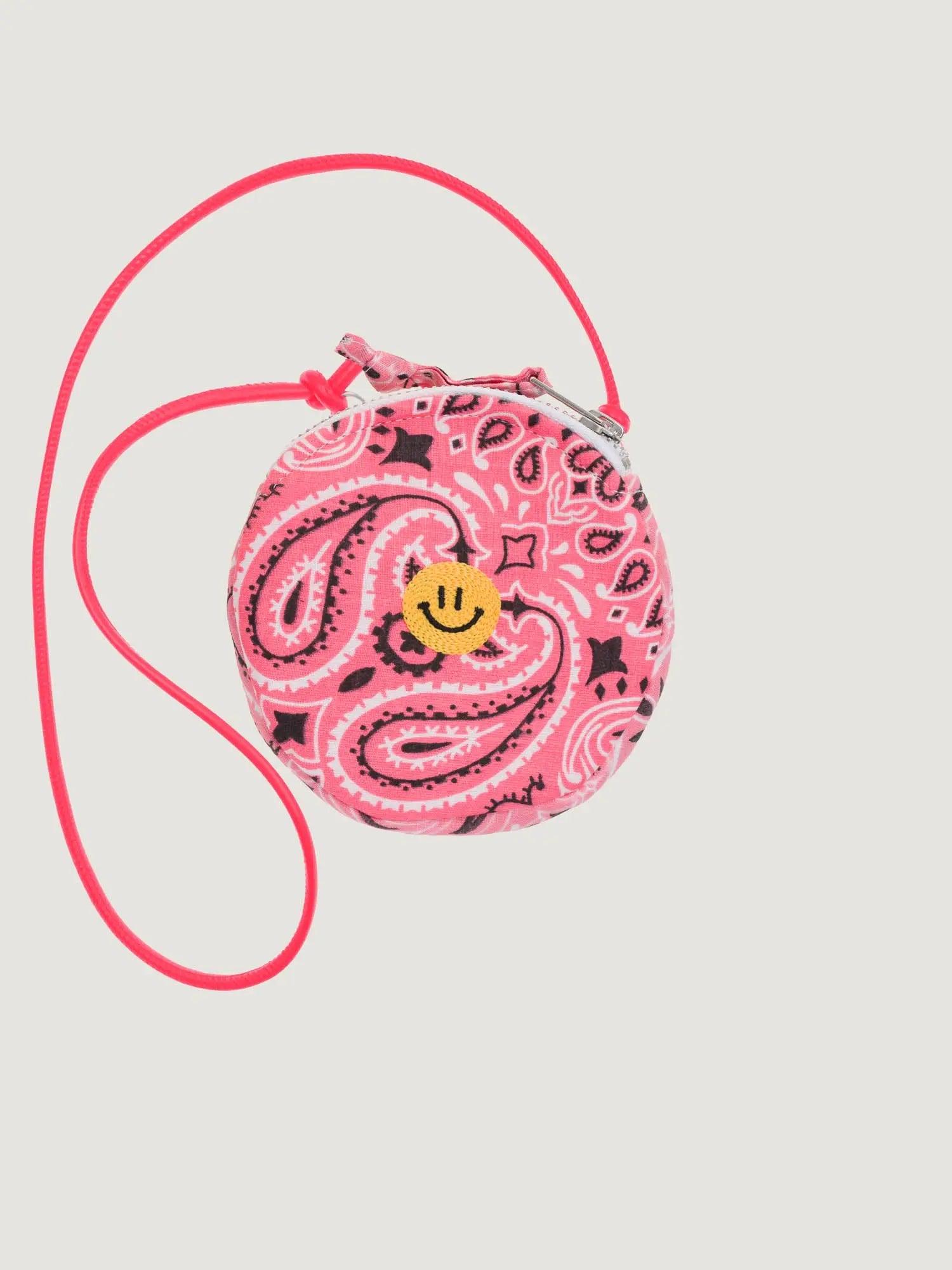 Embroidered Purse - HAPPY FACE - Strawberry Pink / Pale Pink